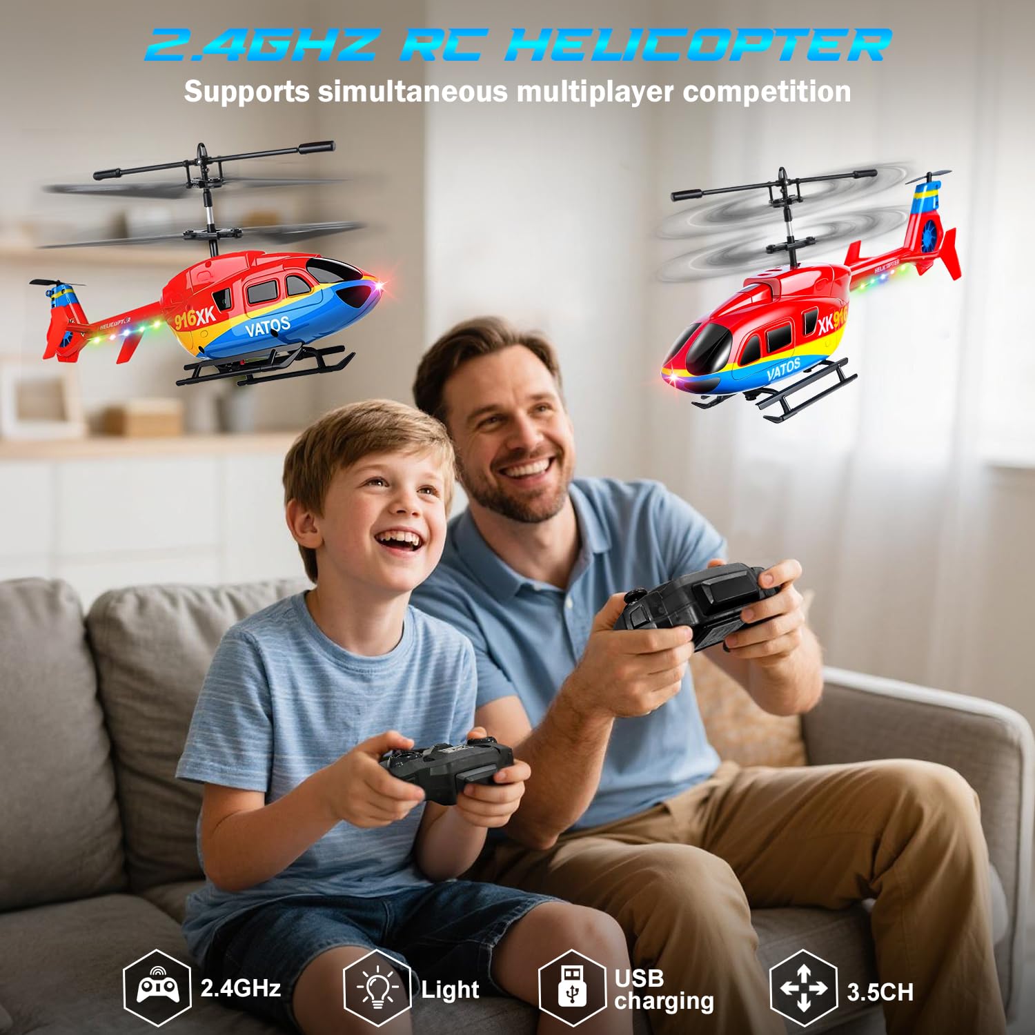 VATOS Elicottero telecomandato, 2.4GHz Altitude Hold Birdy elicotteri RC con giroscopio e luce LED, One-Key decollo e atterraggio, 3.5 CH Radio Controlled Aircraft per bambini adulti principianti