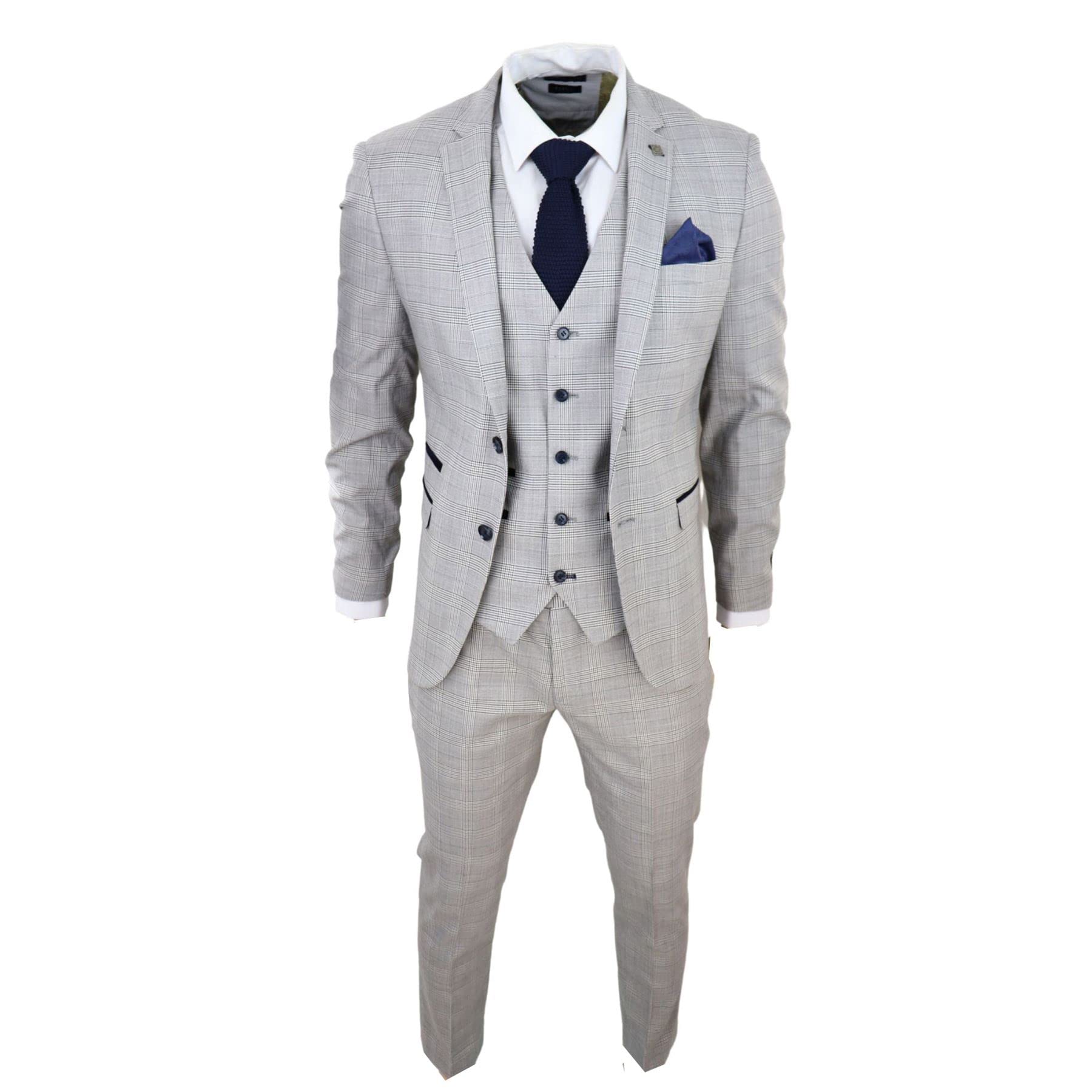 Truclothing Men's Grey Light 3 Piece Suit Navy Blue Check Velvet Trims Wedding Tailored Fit Classic - 42