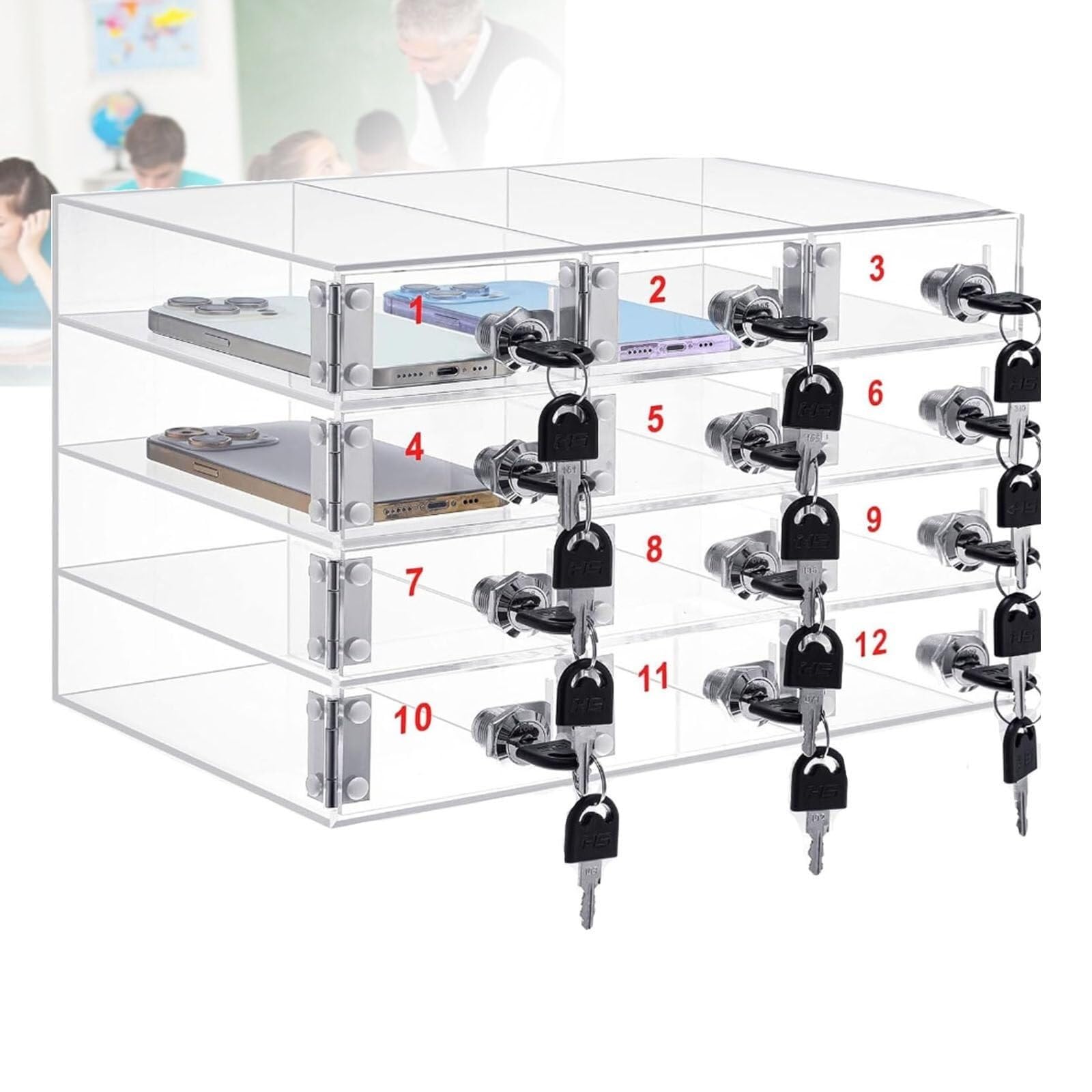Casillero transparente de 12 puertas con llave para evitar robos y distracciones de móviles