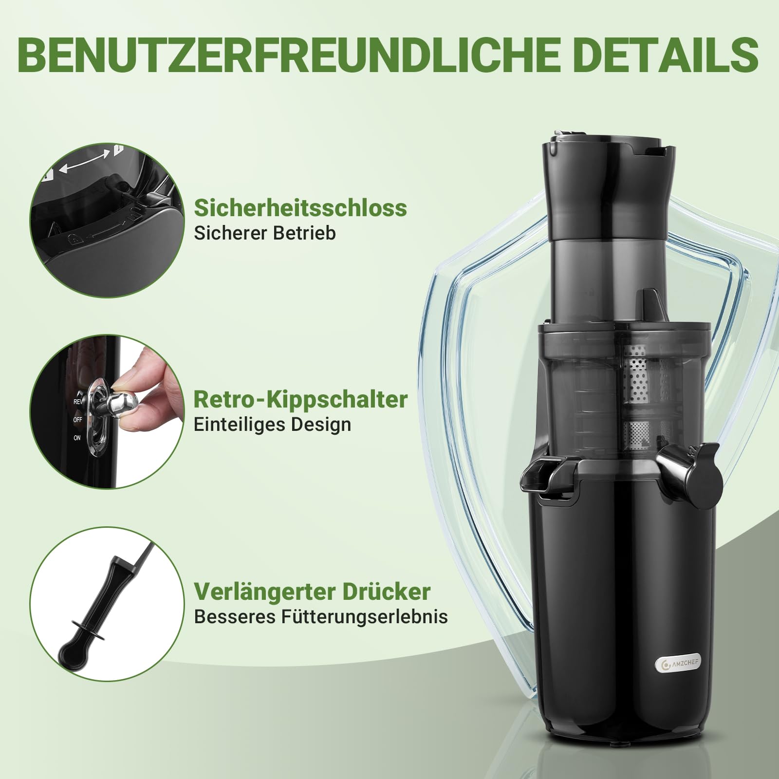 AMZCHEF Ganzfrucht Entsafter - 80MM große Öffnung Slow Juicer - Entsafter Gemüse und Obst Testsieger mit Verbesserter Schnecke, Doppelschicht Filter, Retro Kippschalter, Leiser Motor - Schwarz