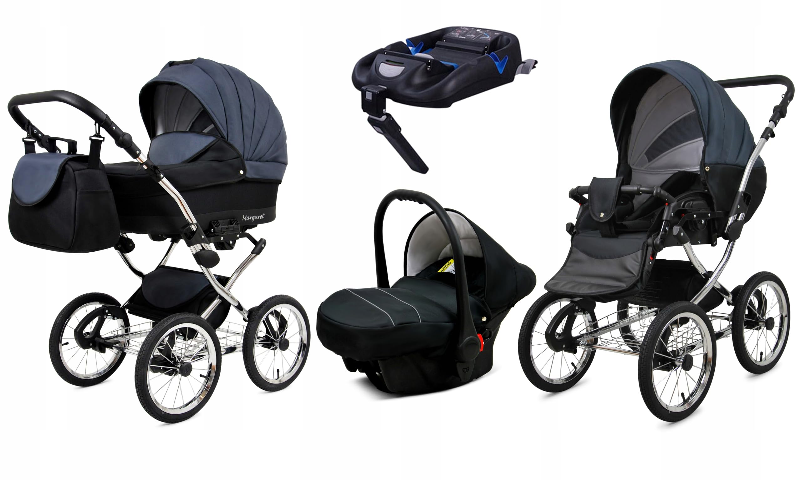 BabyLux Zestaw wózków dziecięcych 4 w 1 – Margaret Exclusive – w zestawie wanienka dla niemowląt, fotelik sportowy, fotelik samochodowy, stacja bazowa ISOFIX – fotelik samochodowy – zestaw wózków