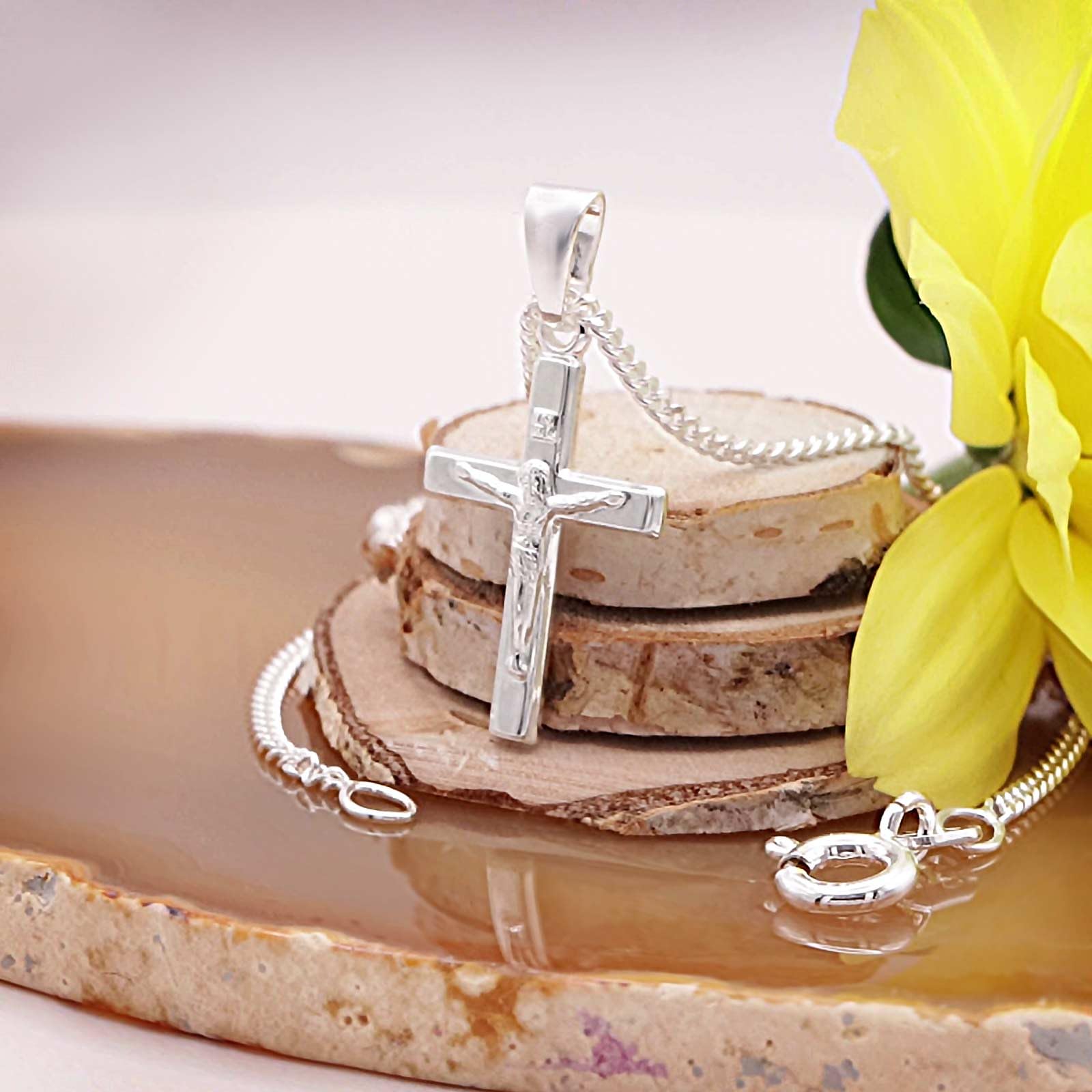 CLEVER SCHMUCK Schmuckset Taufe 3 Anhänger Jesus Kreuz & Taufring Zirkonia weiß & Schutzengel & Panzerkette 38cm STERLING 925 im Etui creme