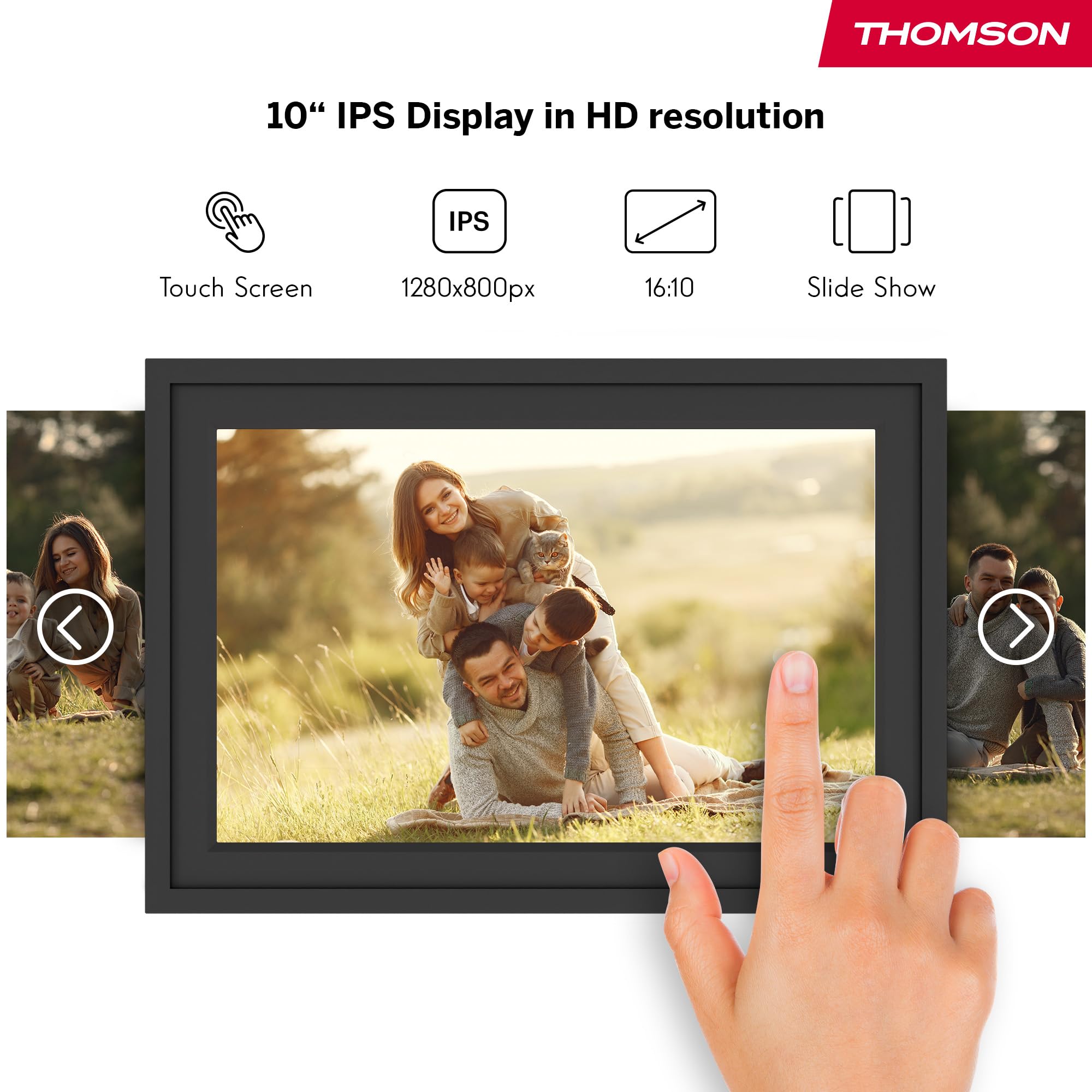 Thomson Cadre Photo Numérique 10 Pouces, Écran IPS, Écran Tactile HD, WLAN, Partage Direct Via App, Fonctions Intelligentes, Cadre Photo Électronique avec 32 Go de Mémoire, Rotation Automatique