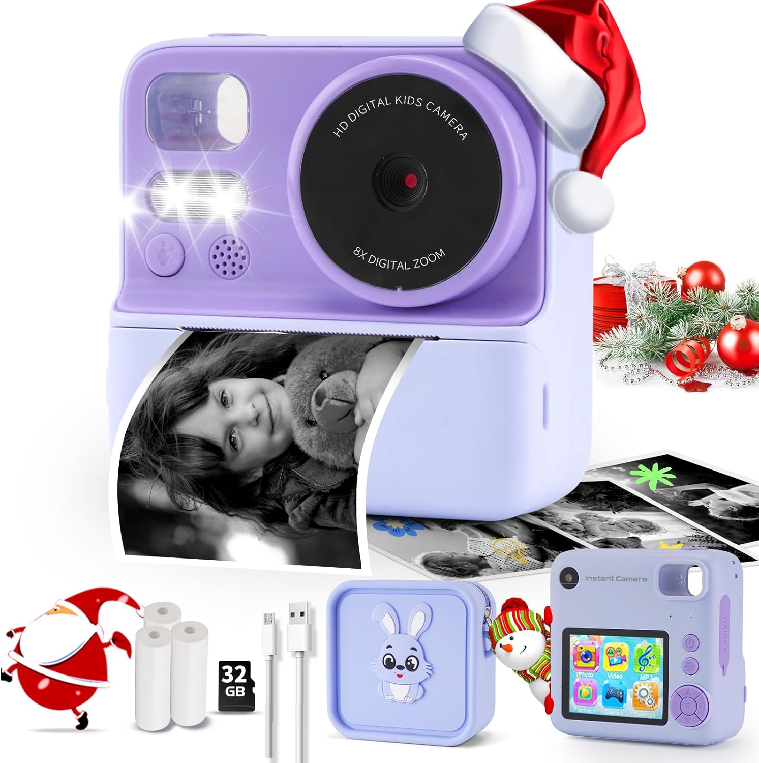 Kids Camera Instant Print with Silicone Cover, Dual Front and Rear Digital Cameras Toy for Toddlers, Birthday for Boy Girl 3 4 5 6 7 8 9 10 11 12 Years Old (Purple)