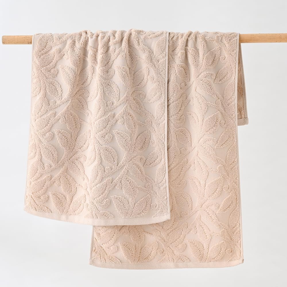 YiLUOMO Khaki Embossed Floral Pattern Hand Towel Set of 2 100% Cotton Super Soft Highly Absorbent Decorative Hand Towels for Bathroom Home 13x 29 Inch