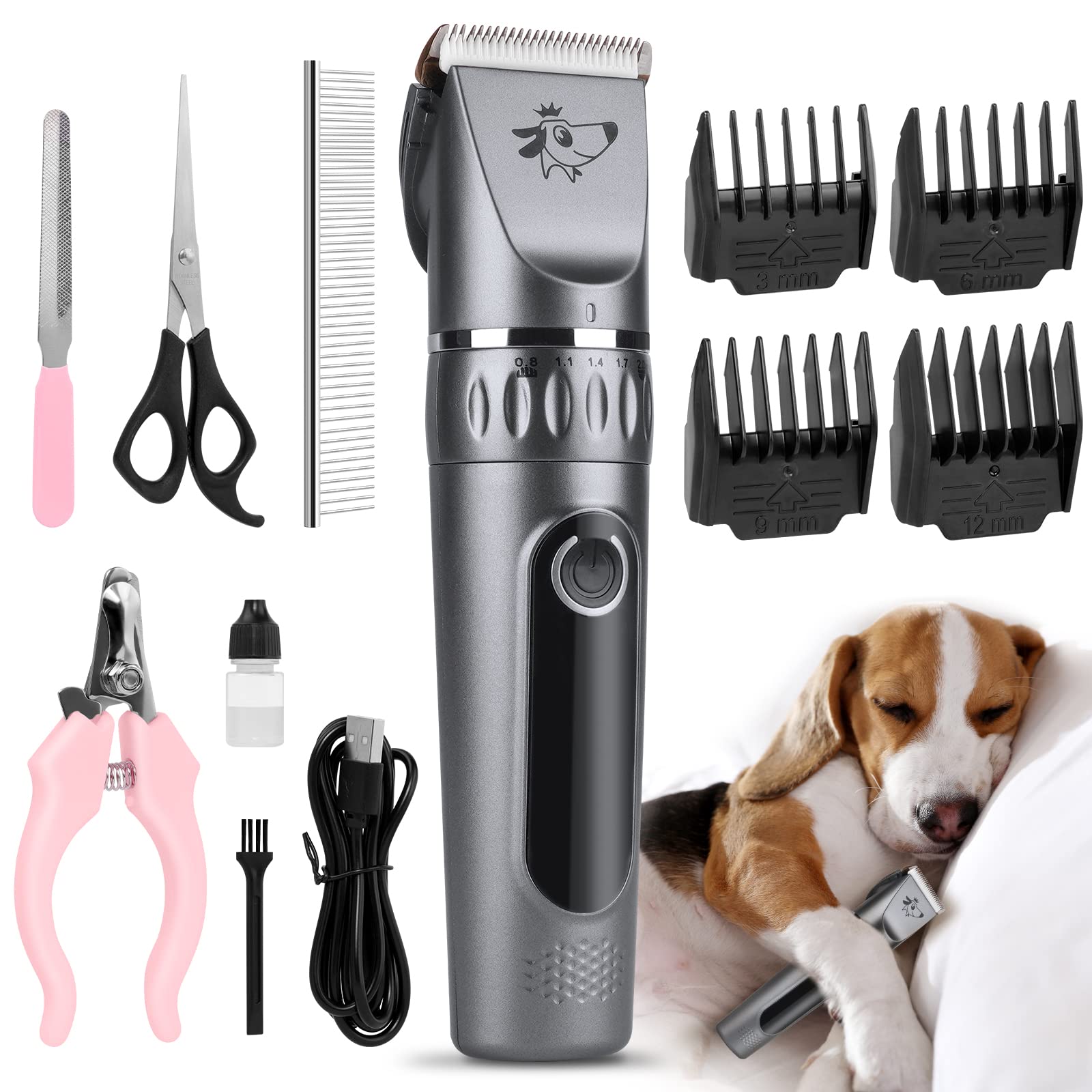Pet Clipper, akumulatorowa maszynka do strzyżenia, maszynka do strzyżenia psów z zestawem do pielęgnacji psów, inteligentny wyświetlacz LCD, prędkości 5, odległości cięcia 4 (srebro)