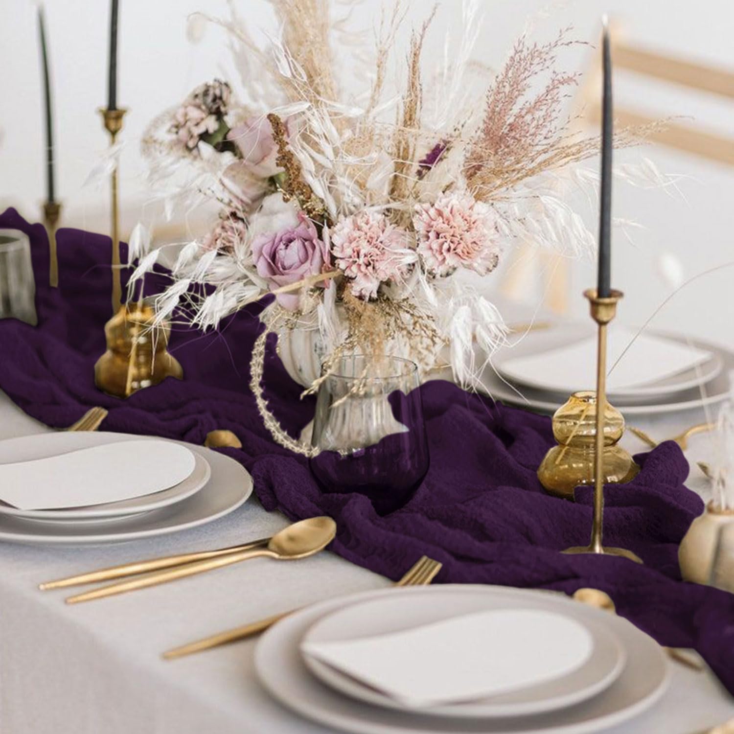 FANPROMS Camino de mesa de gasa de color morado a granel de 10 pies, estilo bohemio, mantel de tela de queso rústico, para despedida de soltera, baby shower, color morado oscuro, camino de mesa de