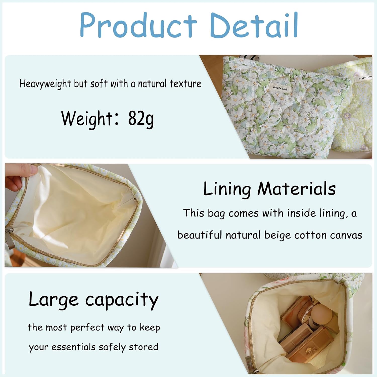 uekeboag Quilted Floral Cotton Makeup Pouch,Coquette Quilted Cosmetic Bag for Women and Girls, Aesthetic Organizer Bag, Flower Cute Travel Toiletry Bags(01Pink Little Flower) - Image 3