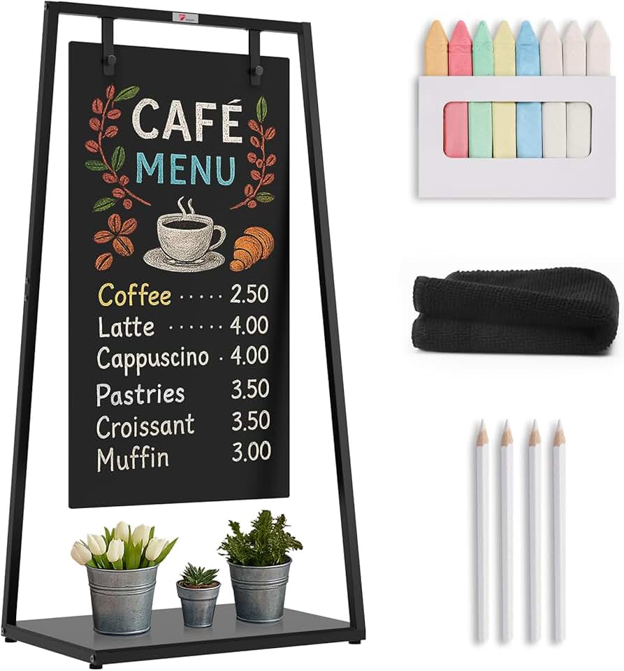 TOWON Placa de quadro-negro em forma de Z, 53 cm L x 119 cm A quadro-negro à prova de intempéries, placa oscilante interna/externa, placa sanduíche resistente com clipe de metal para café, calçada