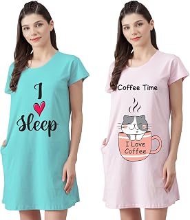 Fflirtygo Women’s Cotton Nighty | Printed Knee Length Night Gown |Relaxed Fit Nightwear |Short Nightdress| Long T-Shirt | ... Price In India
