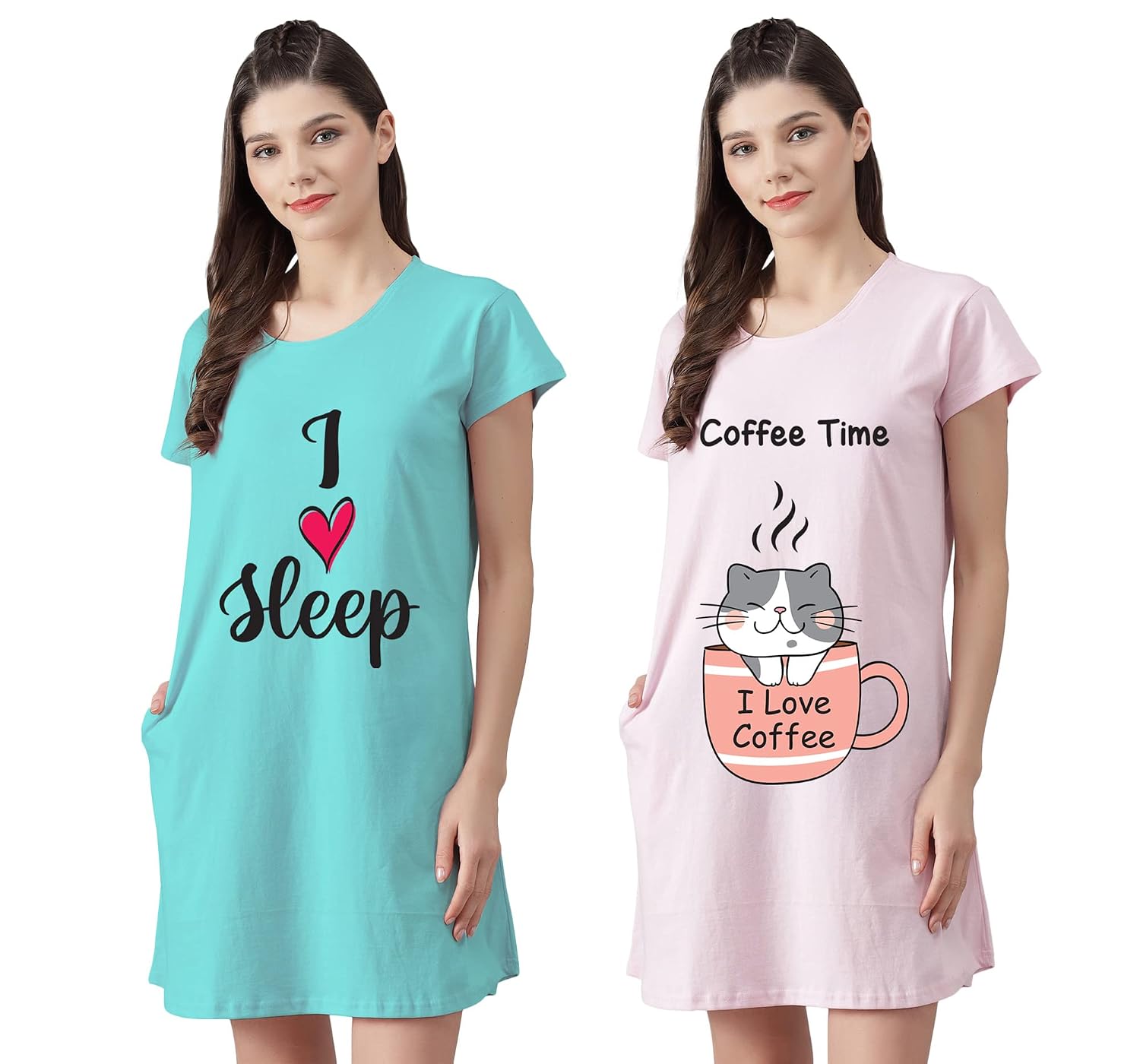 Fflirtygo Women’s Cotton Nighty | Printed Knee Length Night Gown |Relaxed Fit Nightwear |Short Nightdress| Long T-Shirt | ...