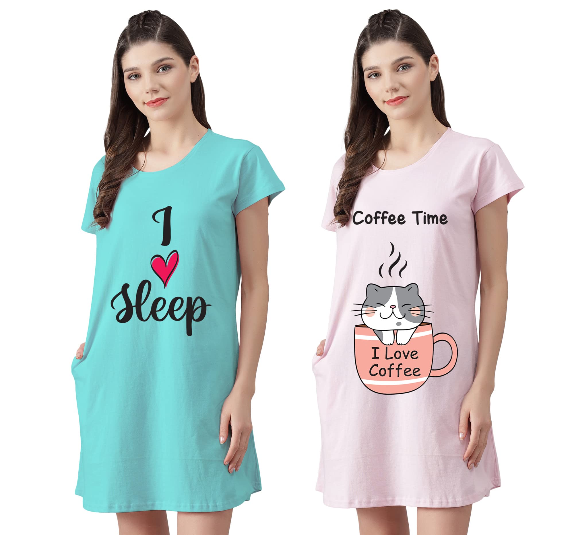 Women’s Cotton Nighty | Printed Knee Length Night Gown |Relaxed Fit Nightwear |Short Nightdress| Long T-Shirt | Sleepwear & Casual Wear Nighty (Pack of 2)
