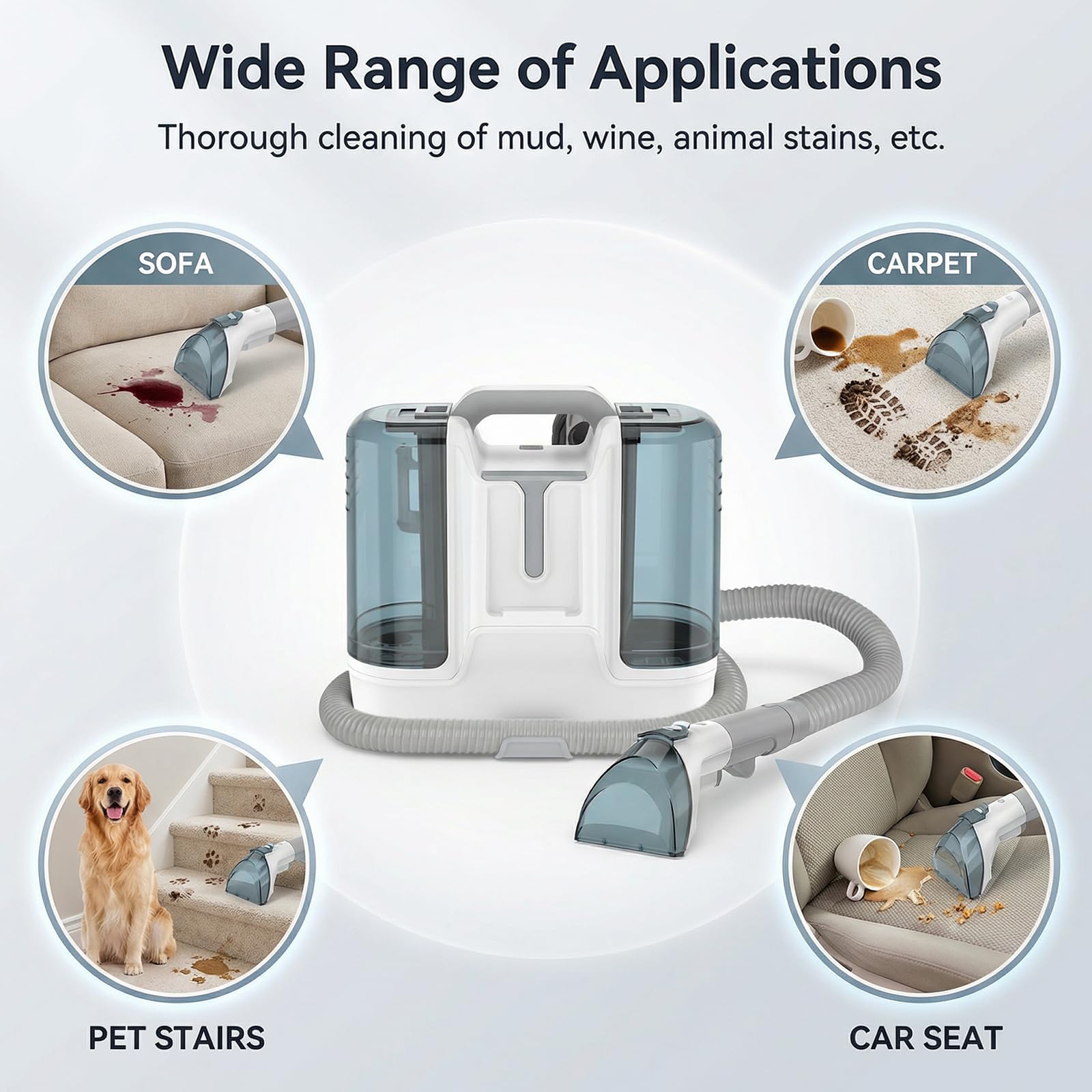 Limpiador de Tapicerias 450W 16 KPa, Aspiradora de Agua Tapiceria con 6 Cepillos de Limpieza, Limpiador de Alfombras con Doble Depósito de Agua de 1800/600 ml, Coche Carpet Cleaner Machine
