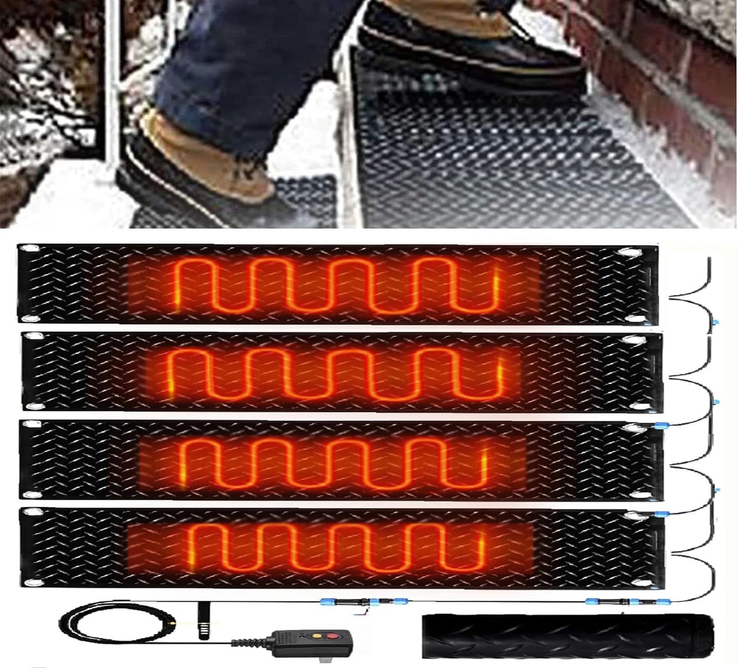Heated Snow Melting Mat for Stairs, 1/2/3/4/5 pcs Snow Melting Non-Slip Walkway Heated Outdoor Mat, Non Slip Rubber Heated Mat for Winter Outdoor Stairs, Steps, Doorwa(4 Pcs,10x30in/(25.4x76.