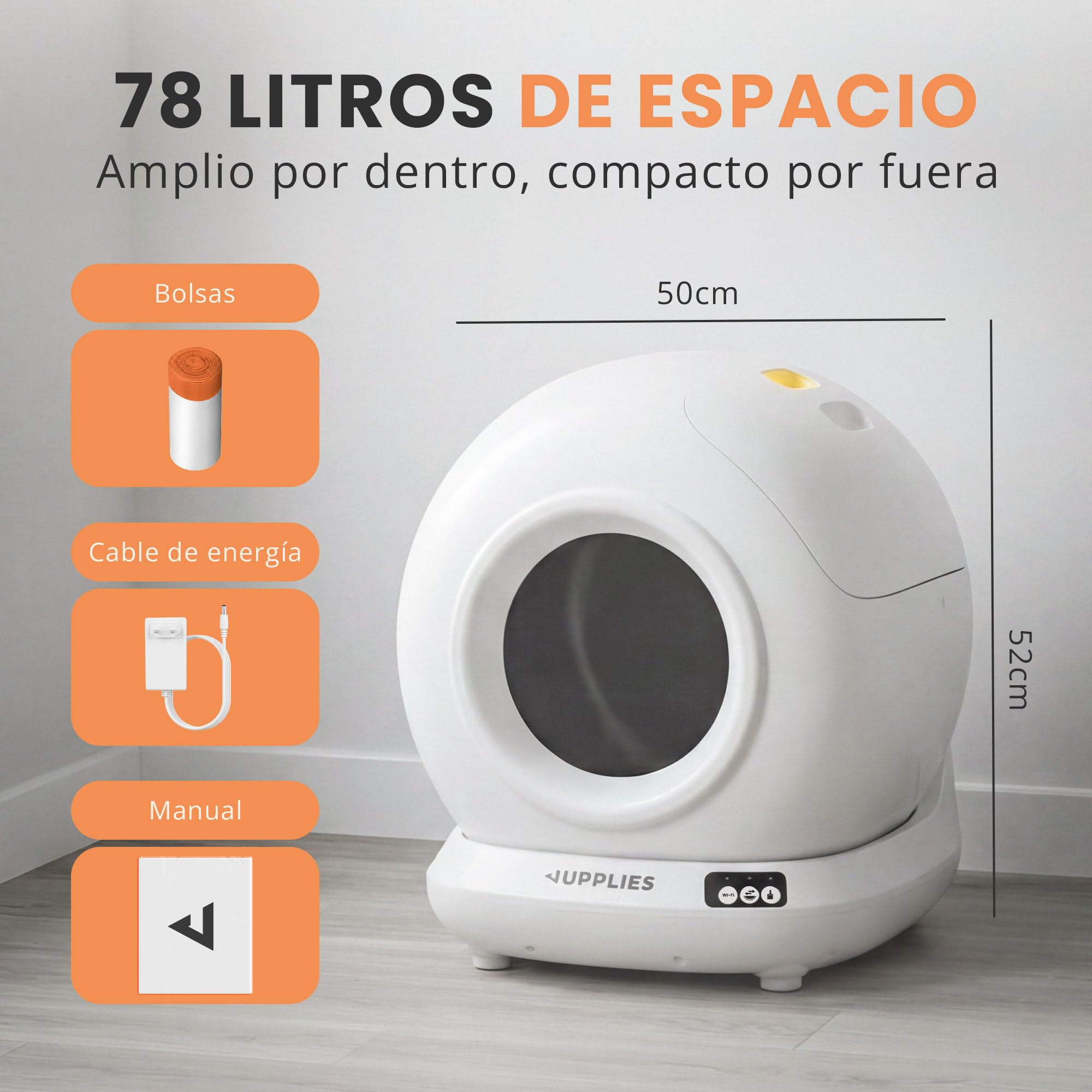 JUPPLIES Arenero Gatos Autolimpiable 78L | Arenero Automatico con Control Vía App | WC Gato con Sensor de Movimiento | Ideal para Múltiples Gatos con Pack De Bolsas Incluidas
