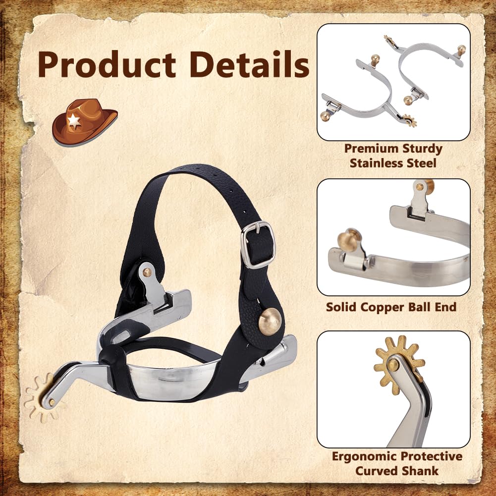 WEBEEDY 2 Paket Edelstahl Sporen für Cowboy Stiefel mit Festzurrgurten,Leder Gürteln,Western Pferd Reiten Sporen Drehbares Zahnrad für Cowboy Stiefel Training Wettbewerb Zubehör
