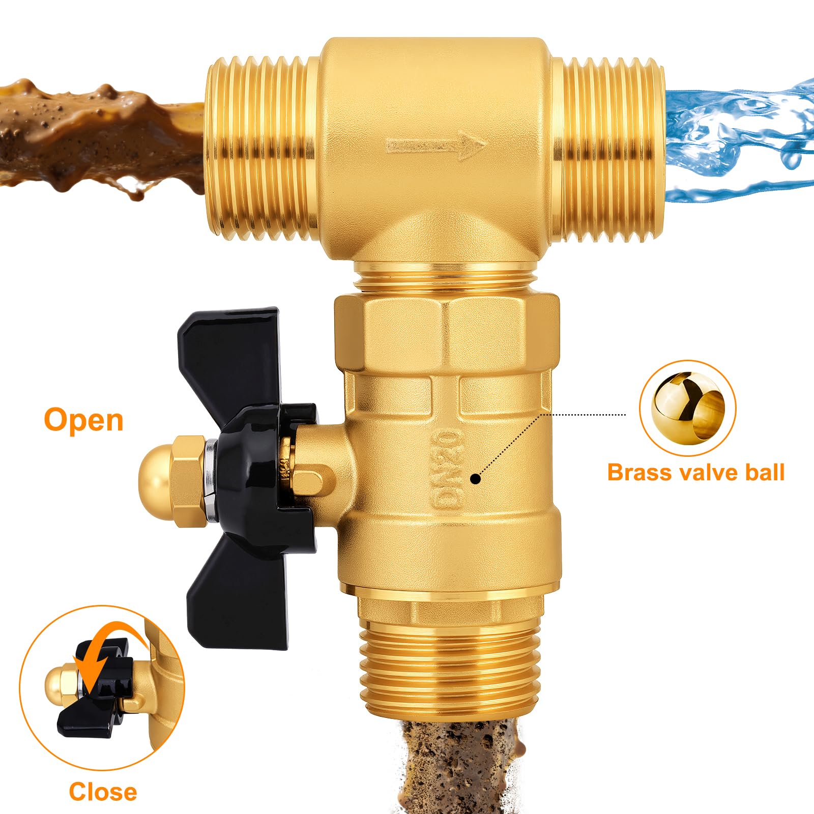 SIGURANTA Filtro de agua para manguera de jardín y caravana, filtro en línea de latón resistente con válvula de drenaje, doble entrada (3/4 pulgadas GHT y 1/2 pulgada NPT), salida GHT de 3/4 pulgadas