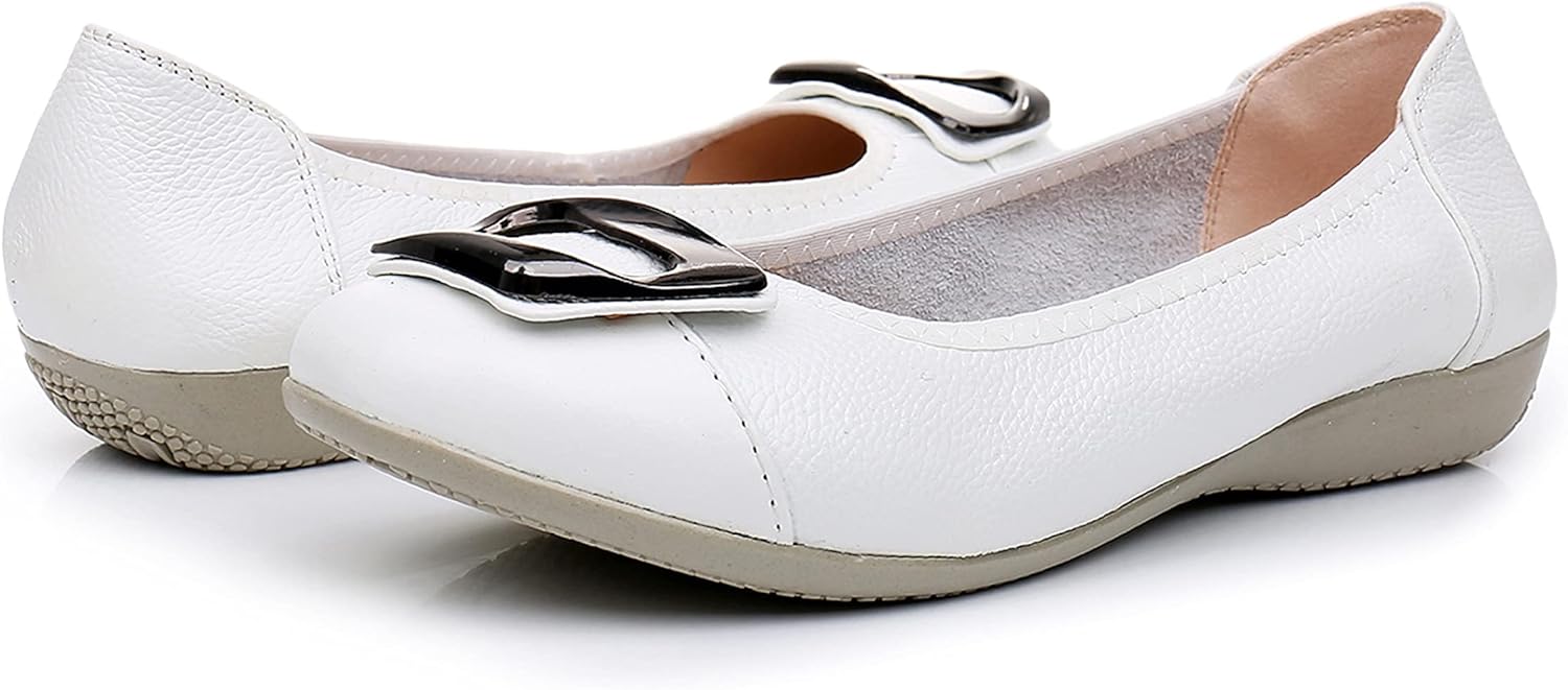 VenusCelia Women's Buckle Dance Flats Shoe 5.5 White