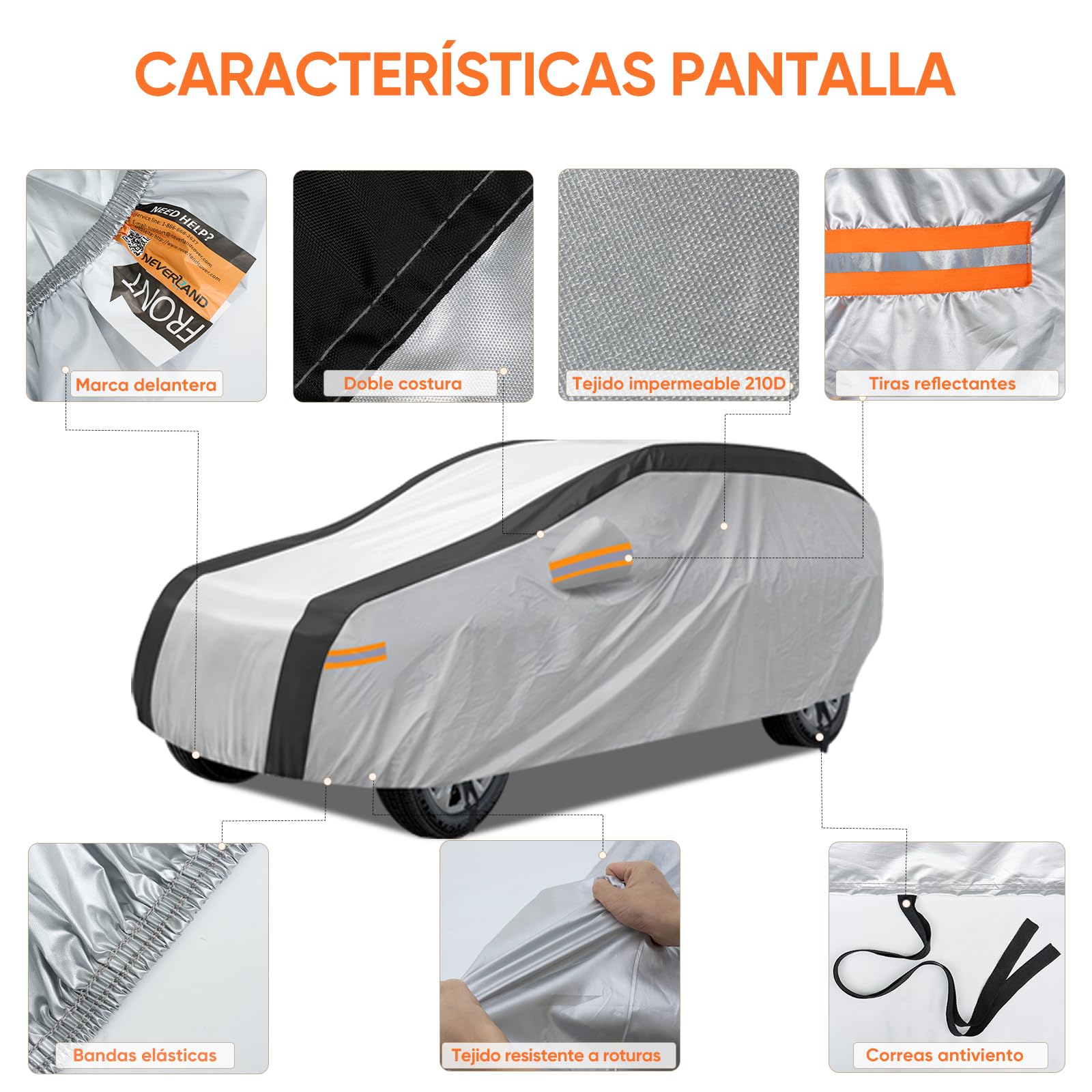 NEVERLAND Funda Coche SUV XL Impermeabile 2500PA - Cubierta Exterior 210D Oxford Plata Reflectante Solar Negro Antigranizo con Tiras Naranjas Alta Visibilidad para BMW X5 Mercedes GLE, Audi Q7|510cm
