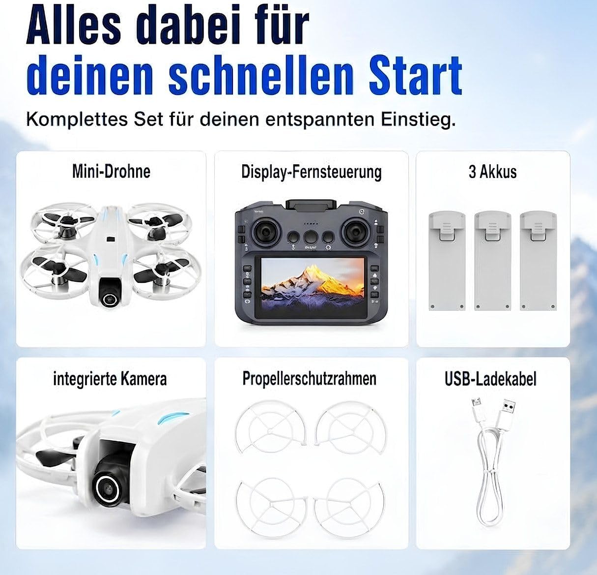 Mini Kameradrohne 1080p mit FPV Livebild, 5,6 Zoll Display-Fernsteuerung, Optical Flow, bürstenloser Motor, 2 Akkus, Propellerschutz, ab 14 Jahren (Weiß, 3 St. Akkus)