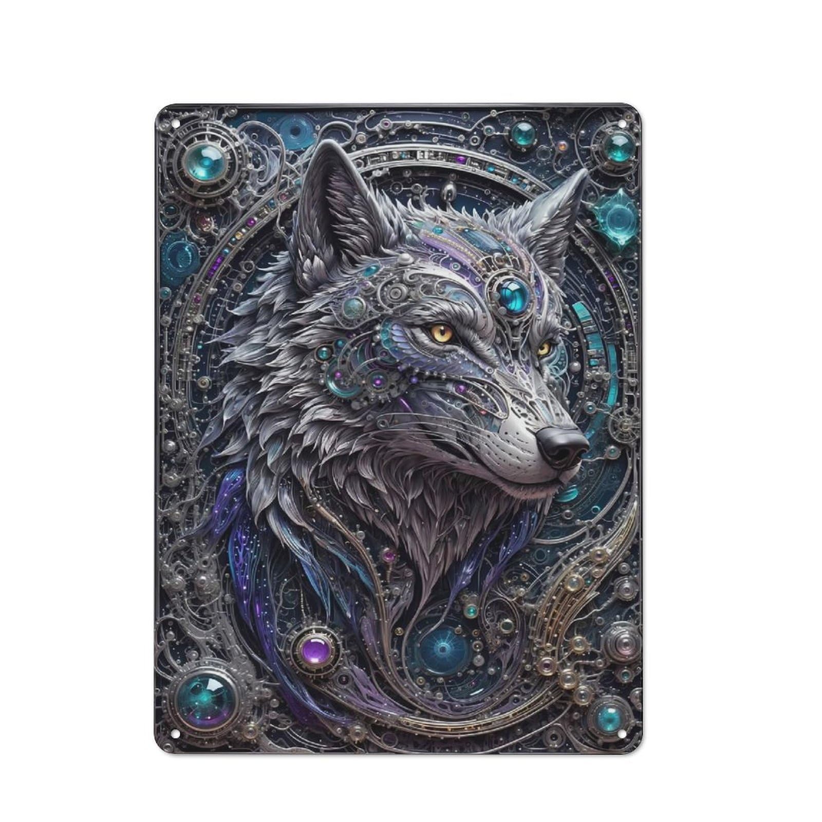Junmoney Style-18 Vintage Tin Sign 40X30cm With Futuristic Steampunk Wolf For Guest Room Or Hallway, For Retro Home Interiors, For Garage And Workshop Walls