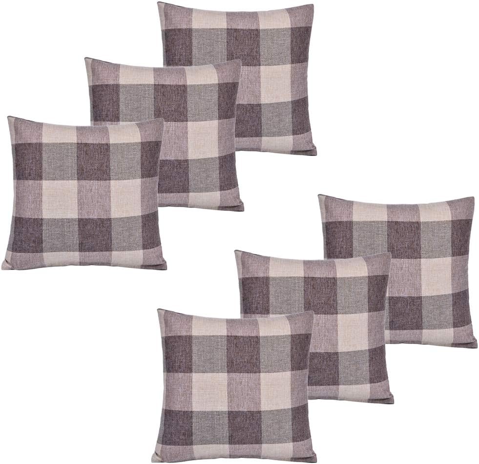 Set of 6 Throw Pillow Covers Plaid Cushion Cases Cotton Linen Square Pillow Covers for Home Decor Sofa Bedroom Car, 18x18in/45x45cm (45x45cm/18x18 inch, Black&Grey Lattice)