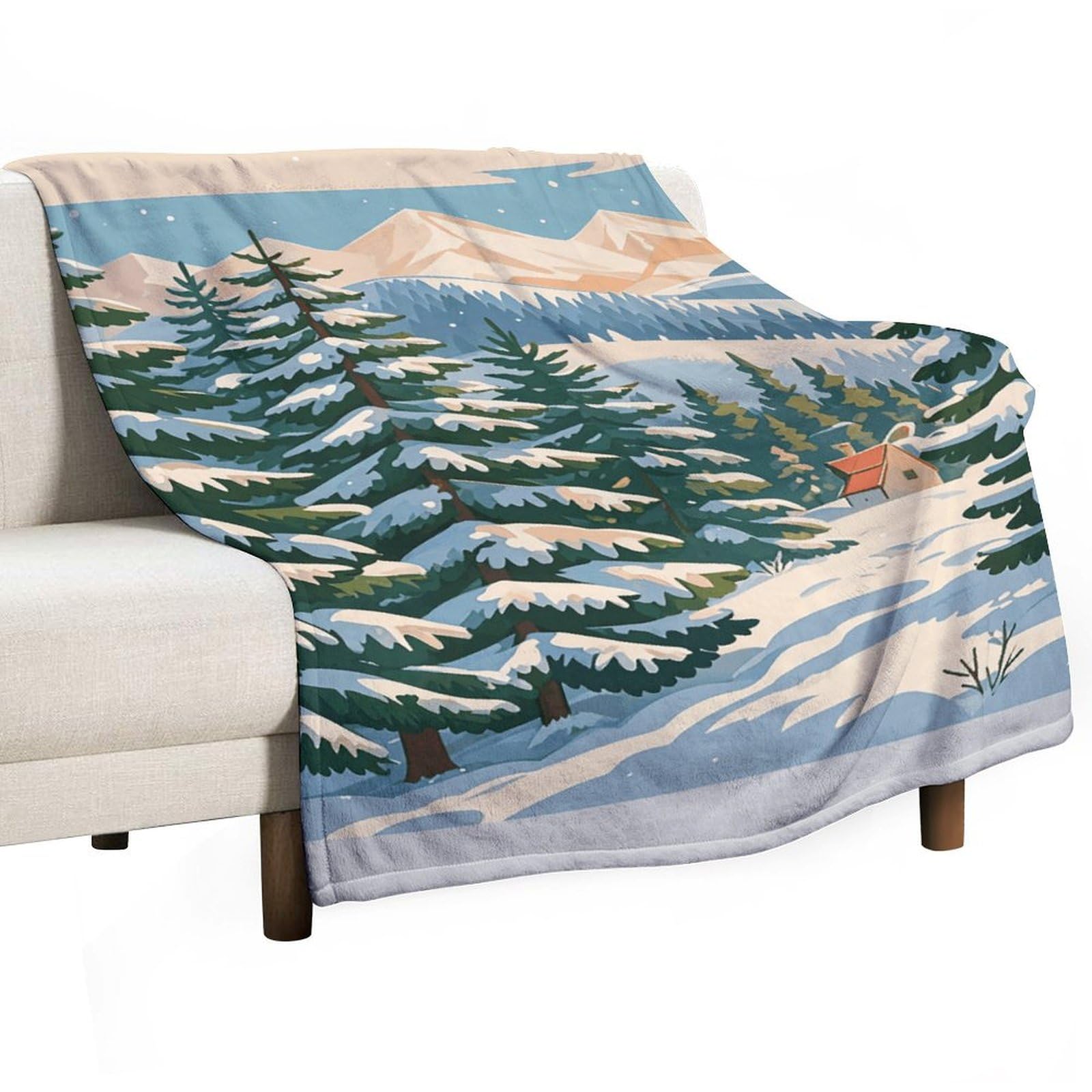 Couverture en flanelle douce et haut de gamme au design imprimé paysage d'hiver pour lit