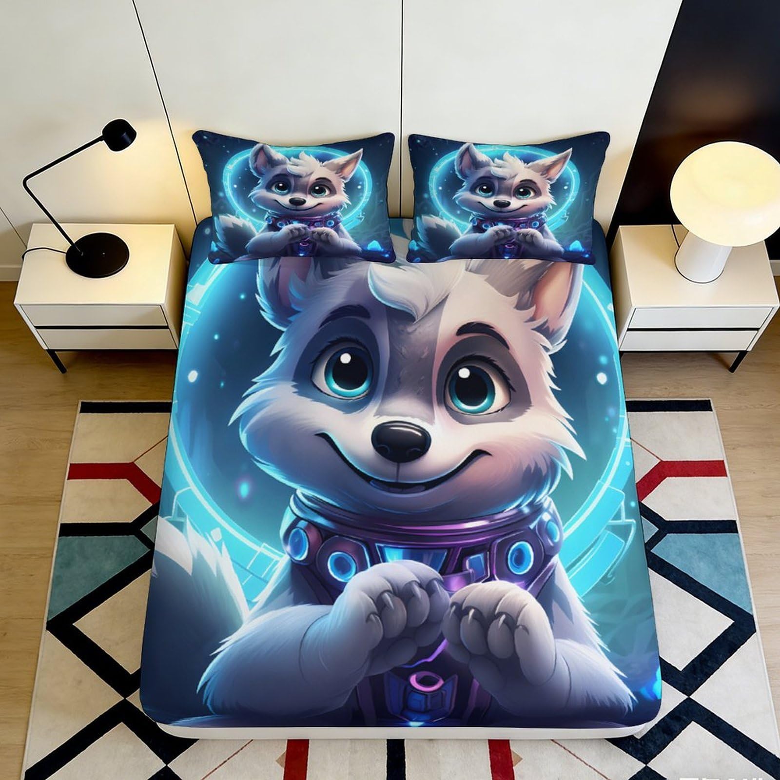 3D Printed Cartoon Wolf Fitted Sheet Microfiber Soft Breathable Fantasy Forest Mattress Cover for Bedroom Decor 90x200x25cm
