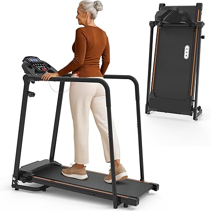 Redliro Walking Treadmill with Long Handrails – Treadmill for Seniors 300 lbs Capacity – Foldable, Lightweight with Wheels, Cup & Phone Holder – Recovery Machine for Home or Apartment