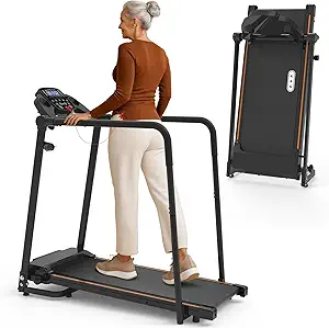 Redliro Walking Treadmill with Long Handrails – Treadmill for Seniors 300 lbs Capacity – Foldable, Lightweight with Wheels, Cup & Phone Holder – Recovery Machine for Home or Apartment