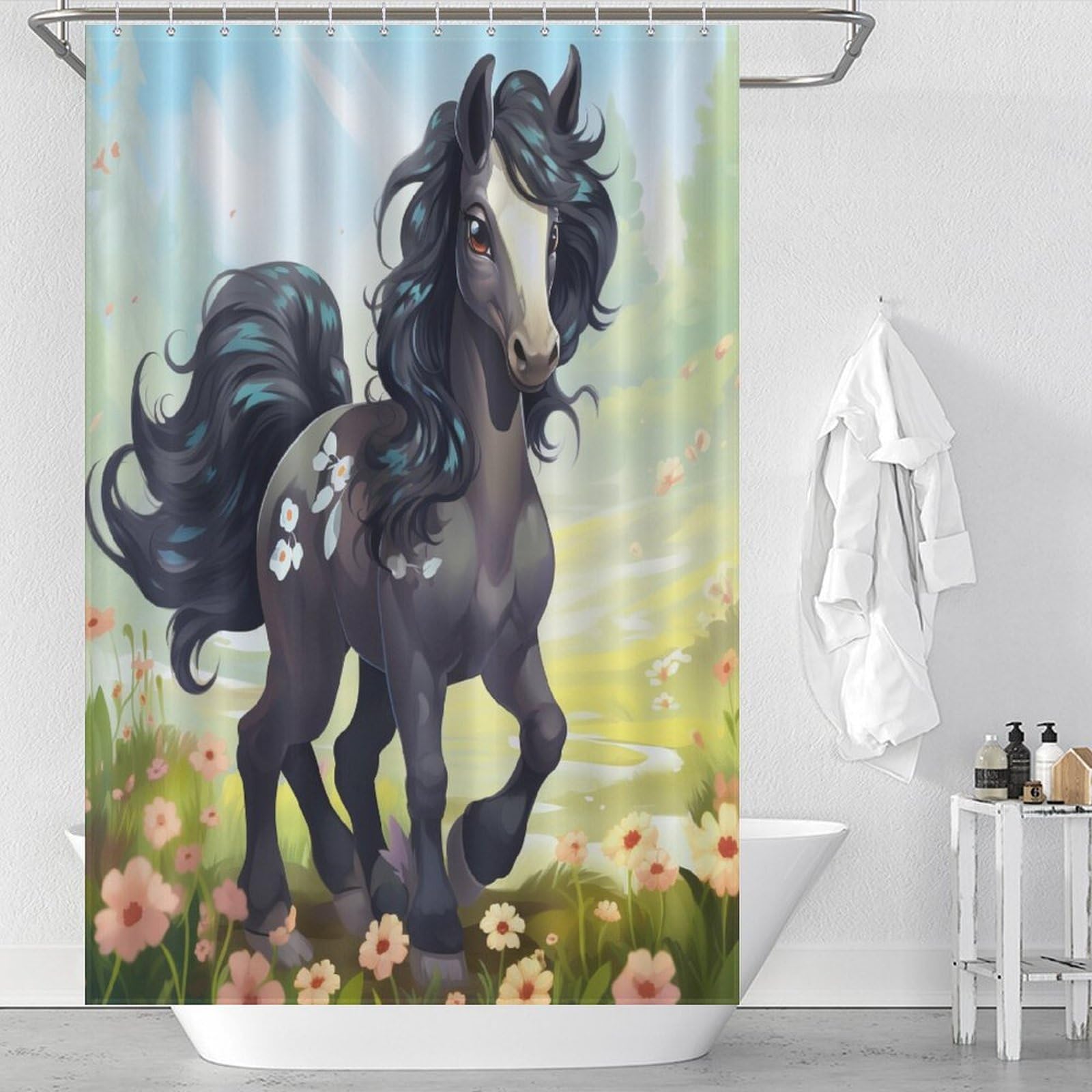 Rideau de douche tissu lavable cheval 48x72 inch avec crochets pour douche et baignoire