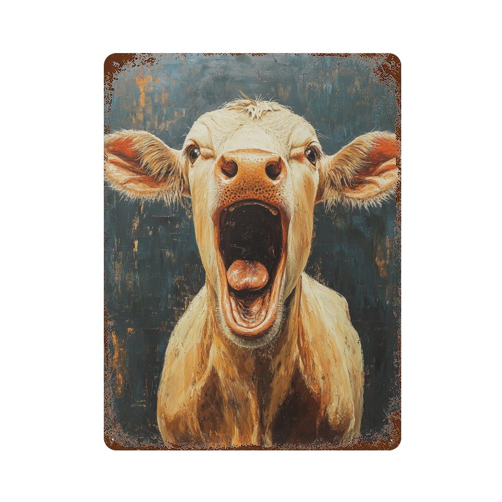 Surprised Cow Painting 15.7"x11.8" Distressed Metal Wall Sign, Retro Wall Decor for Garage, Bar And Workshop Decor