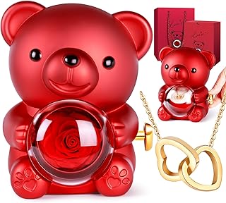 Ours Rose Eternelle avec Bijoux Cachée, Ourson avec Rose Eternel, Cadeau Saint Valentin pour Femme, Cadeau Anniversaire Femme, Idées Cadeaux Noël et Fête des Mères pour Maman, Fleur Eternelle Ours