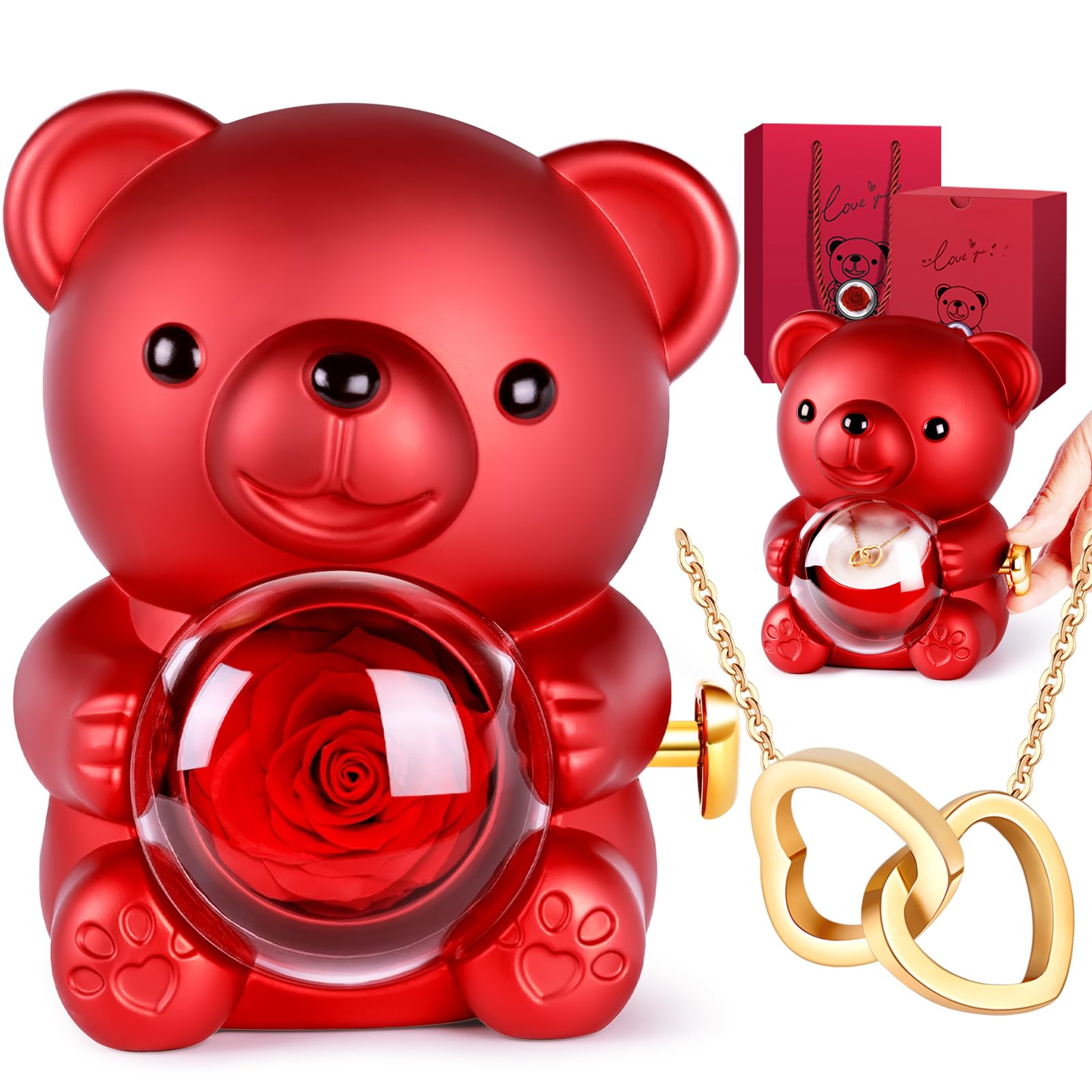 Aloskart Orso di Rosa Eterna con Collana a cuore, Orsetto Rosa Eterna Stabilizzata, Regalo San Valentino per lei, Idee Regalo Donna Compleanno, Regalo Natale per Moglie Mamma Fidanzata, Anniversario