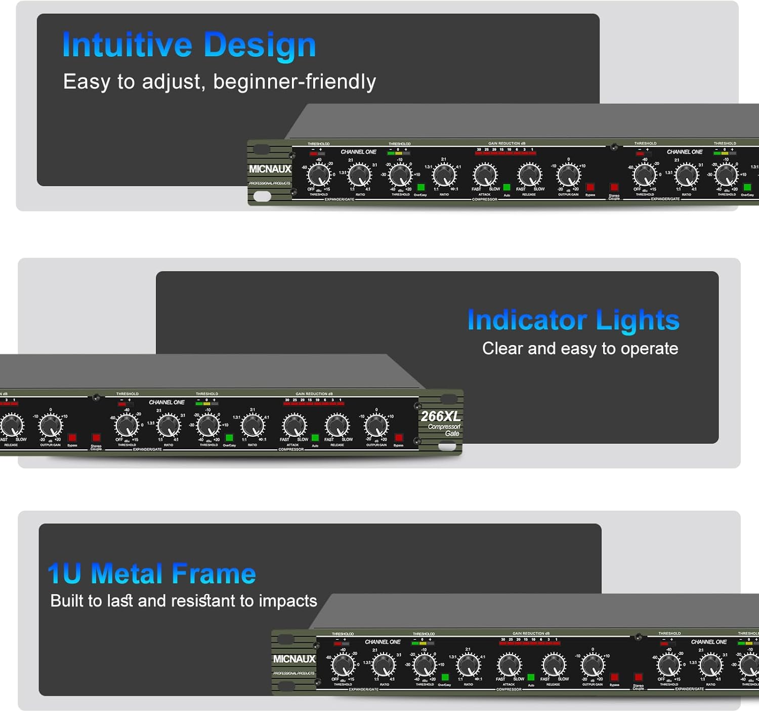 Audio Compressor, Professional Dual-Channel Black Dynamic Processor with Noise Gate & Sidechain Insert for Studio, Live & Streaming – 1U Rackmount, XLR/TRS Inputs