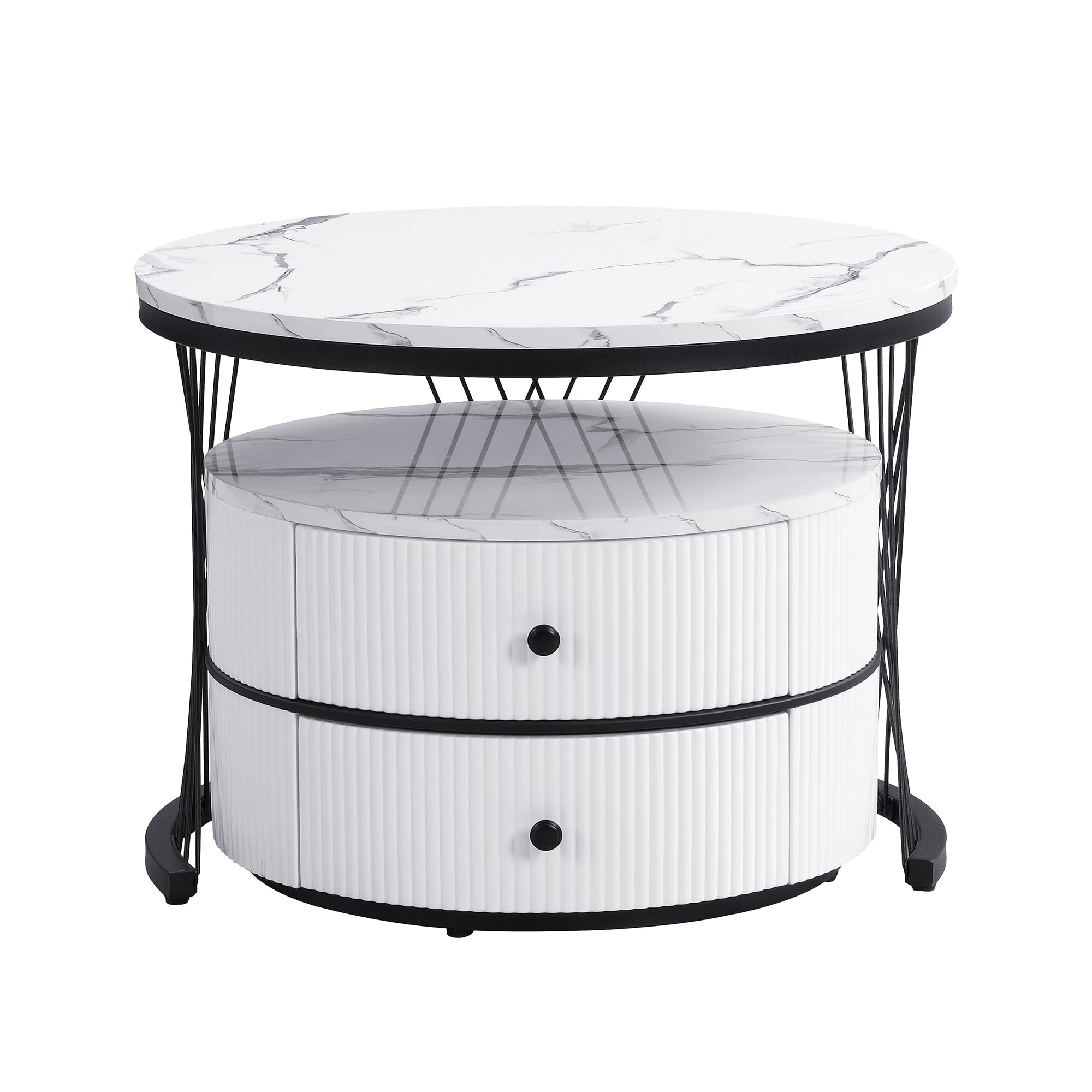 Elegante set di 2 tavolini a forma di nido, 60 x 60 x 46 cm e 50 x 50 x 31 cm, tavoli rotondi con effetto marmo lucido, 2 cassetti (bianco nero)