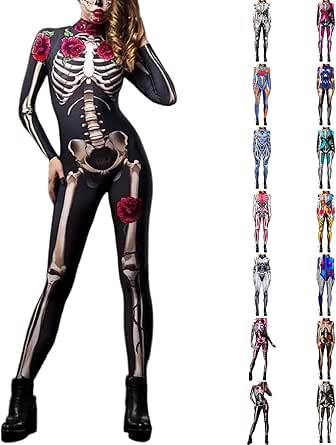 Amazon.com: Skeleton Jumpsuit Women Sexy Skull Print Onesie Bodysuit ...