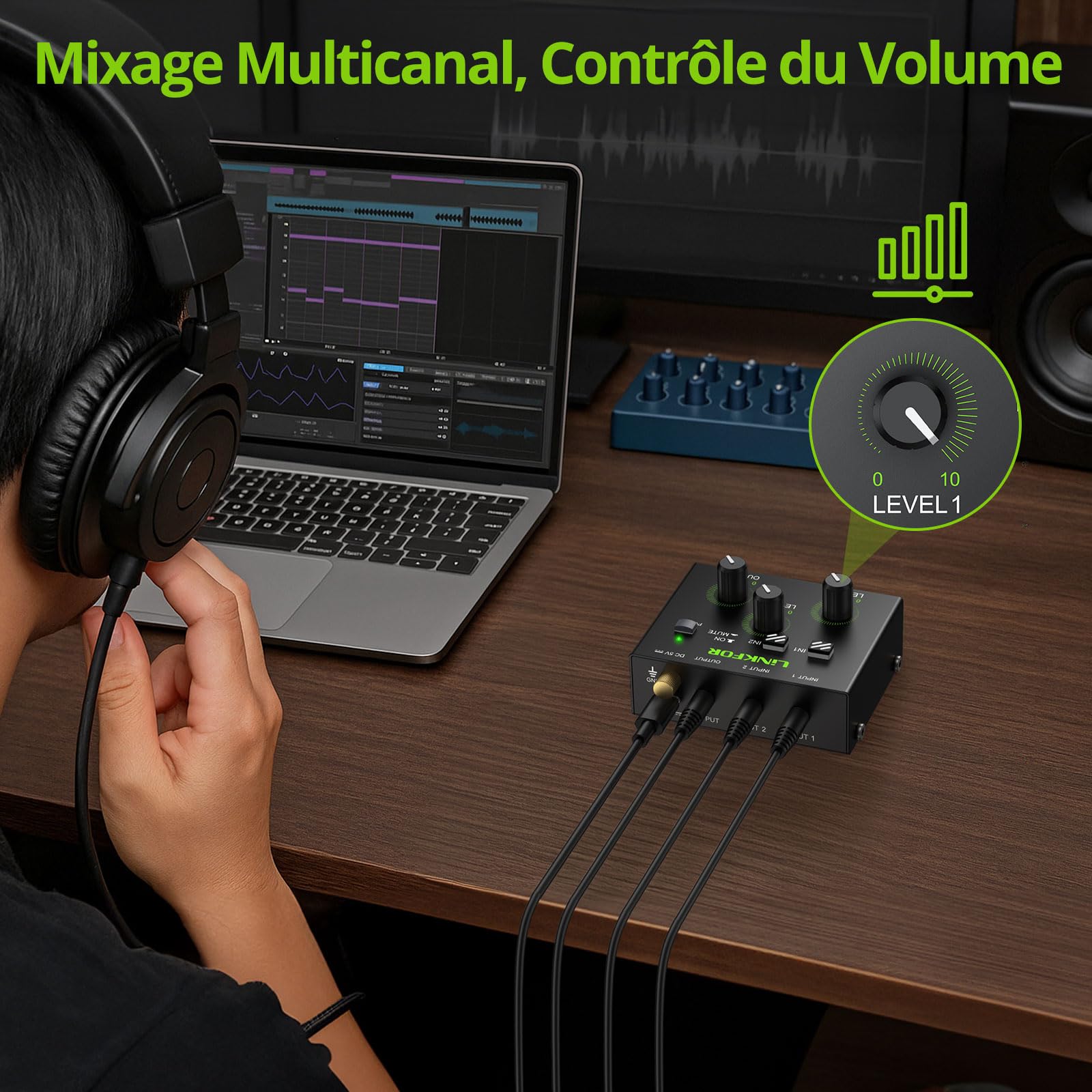 LiNKFOR Mixer Stéréo 3.5mm 2 Canaux avec Préamplificateur Table de Mixage Mini avec Contrôle Volume Doré Câbles et Alimentation Inclus
