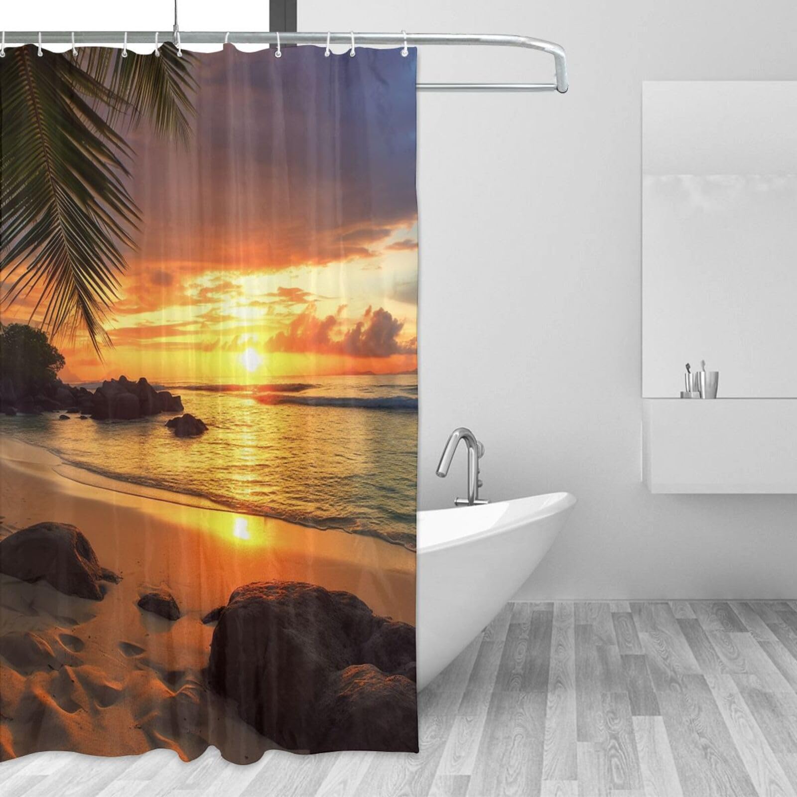 Rideau de douche imperméable motif plage tropicale 183x183 cm avec ses 12 crochets inclus
