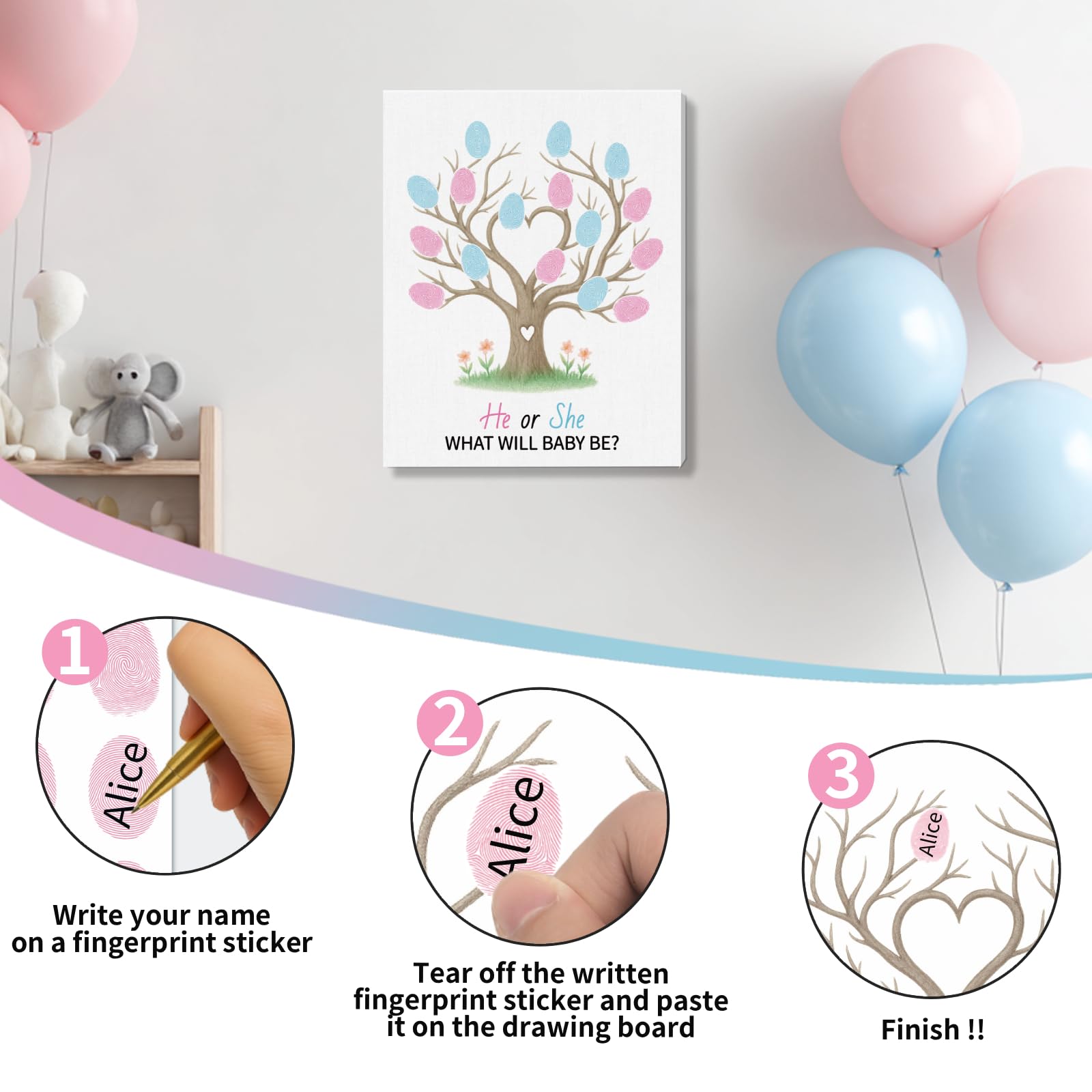 2 piezas de árbol de huellas dactilares para revelación de género, libro de invitados para baby shower, ideas para fiestas, libro de invitados de huellas dactilares con 2 bolígrafos y 6