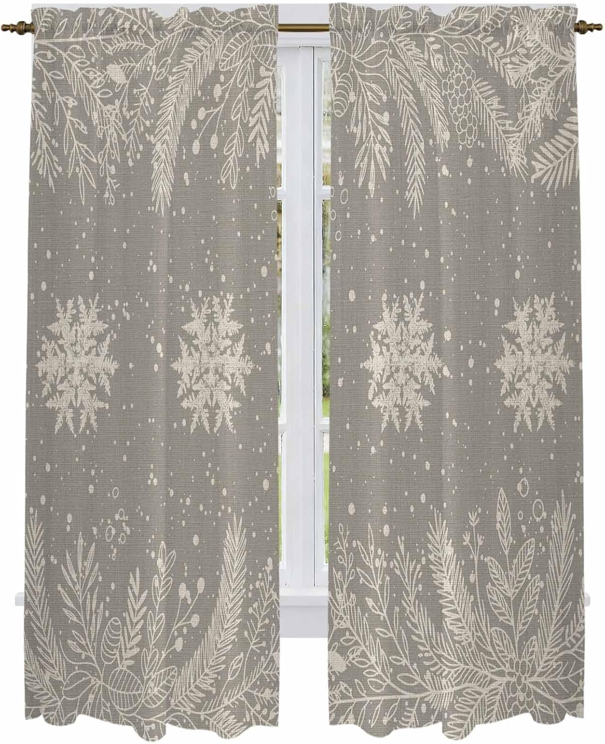 Christmas Snowflakes Window Curtains 72 Inch Long 2 Panel Set,Rod Pocket Long Curtains & Drapes,Winter Xmas Pine Leaf Grey on Linen Light Filtering Window Treatment for Bedroom Living Room 52"W x 72"L