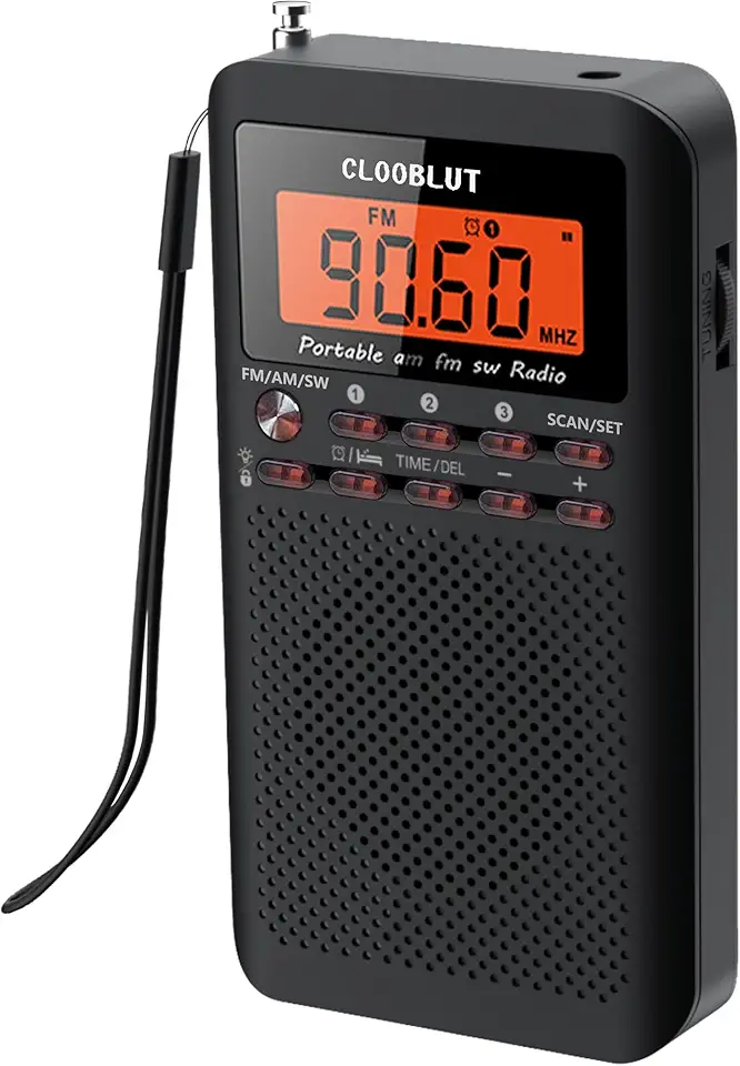 Rádio de ondas curtas FM AM alimentado por transistor AA com luz de fundo laranja com visor LCD despertador digital, temporizador de sono, melhor recepção, melhor receptor de bolso de som
