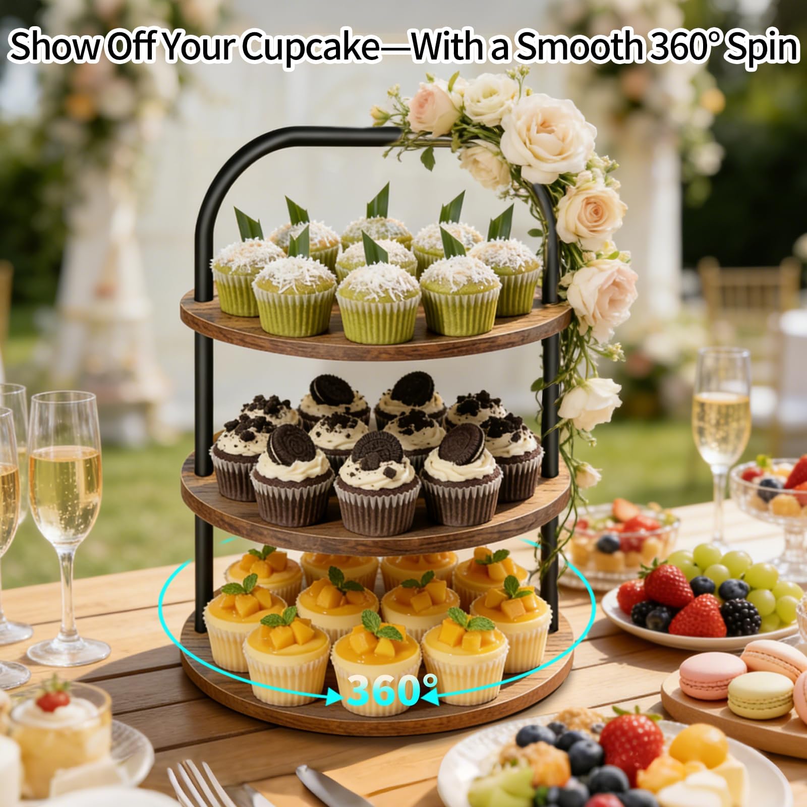 Soporte de madera para cupcakes con textura natural, bandeja para servir postres para fiestas y eventos