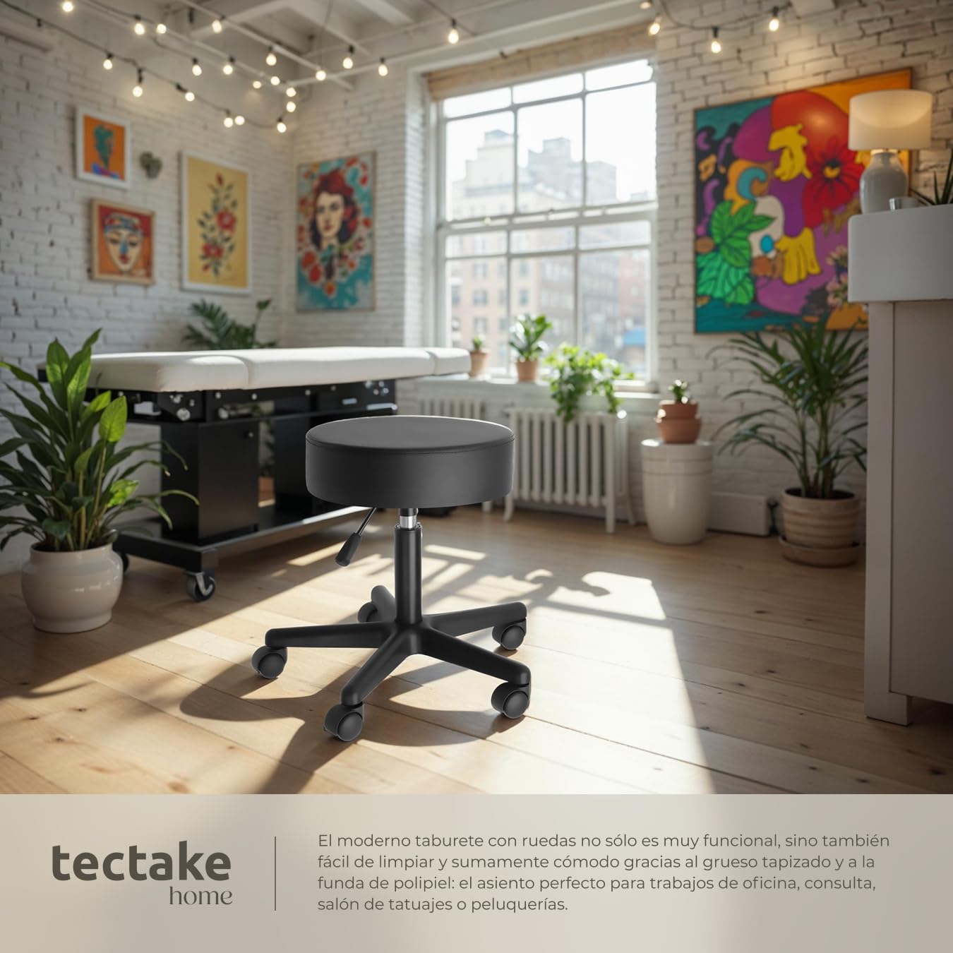 tectake® Taburete Regulable y Giratorio con Ruedas, Ideal como Taburete Cocina, Banqueta o Banquetas Cocina, Cómodo y Práctico para Taburetes con Ruedas - 48 x 48 x 63 cm Negro