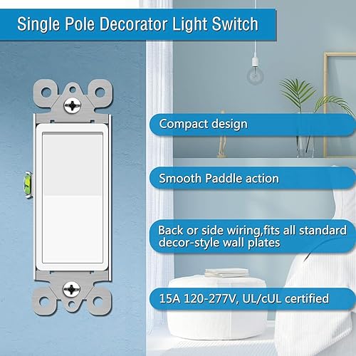 Miniatura 2 de Greencycle Interruptor de luz basculante de un solo polo, interruptor de luz de paleta de 15 amperios, interruptores Sp blancos, 120V-277V CA,