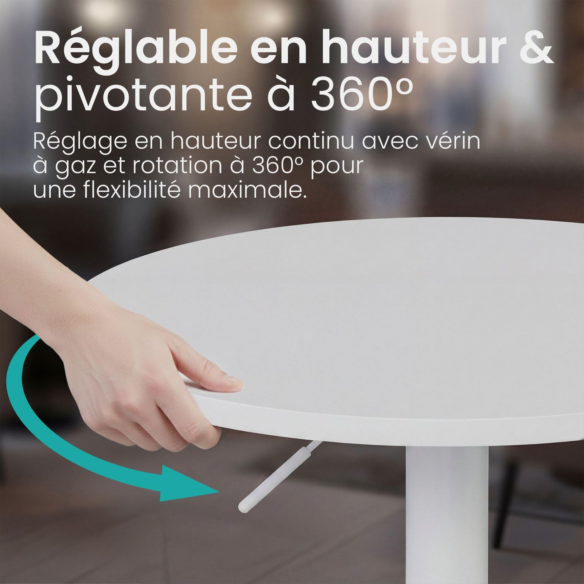 CLP Table Haute Lamoni Ronde 60cm, reglable en Hauteur sans palier, pivotante 360°, Table Bar & Bistro, Pied Metal Stable, Protection Sol, Couleur:Blanc/Blanc, Forme:Rond