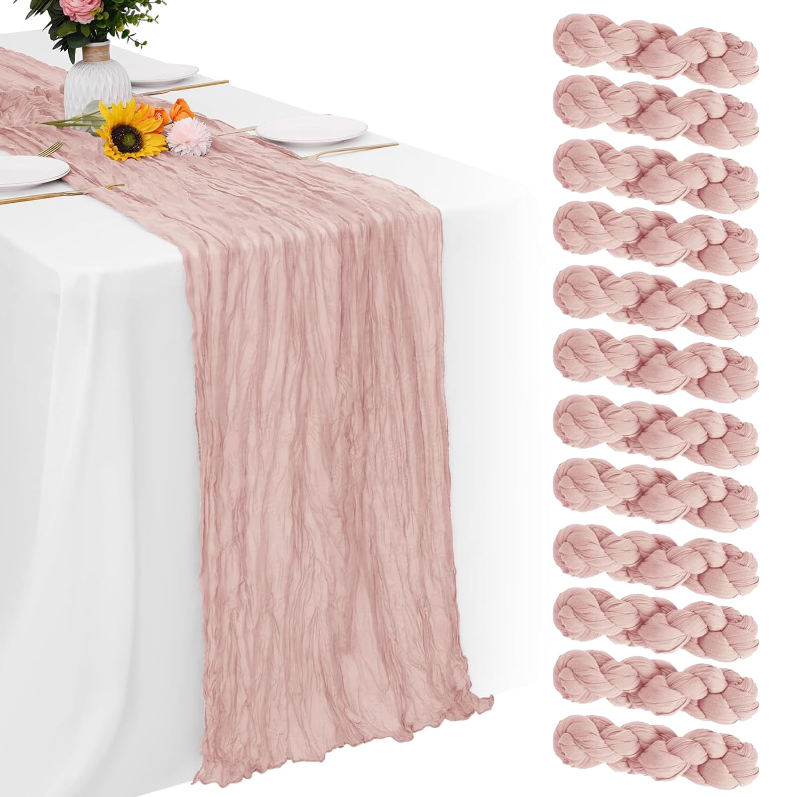 Photo 1 of 12 Pack Light Pink Cheesecloth Table Runner 35 x 120 Inch Boho Gauze Rustic Cheese Cloth Table Runner 10 FT Long Fabric Semi Sheer Table Runners for Romantic Wedding Birthday Party Table Decor
