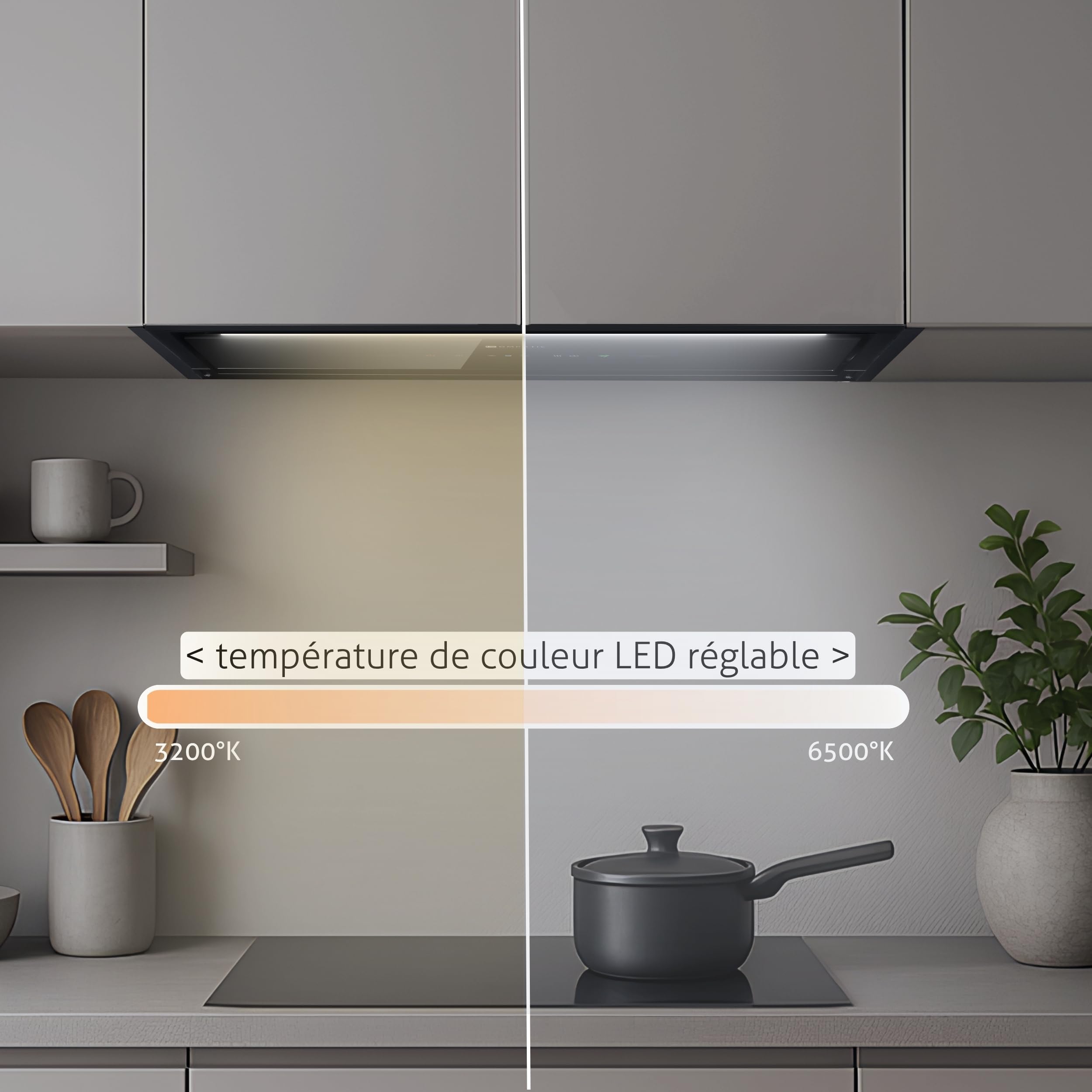 Yara 60 KPYR60BIB hotte encastrable 60 cm, 800 m³/h, classe A+, commande gestuelle/tactile, No Drip anti-condensation, télécommande, purification d’air, LED réglable, noir mat.