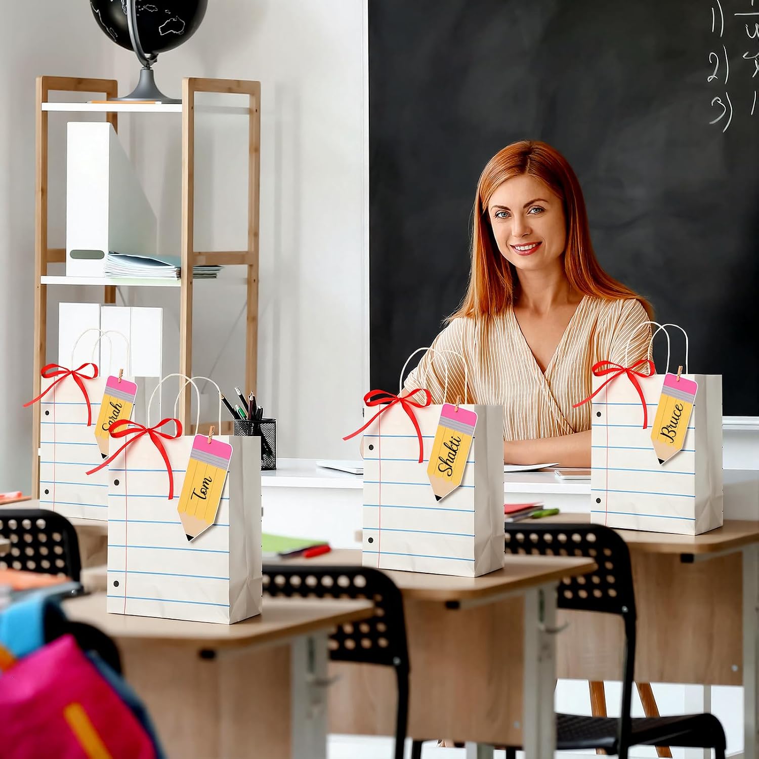Sabary 24 Sets Teacher Appreciation Gift Bags with Name Tags Markers Clips Ribbons Thank You Teacher Paper Bags 10.6'' x 8.3'' x 4.3'' Lined Notebook Theme for End of Year Graduation Retirement Gifts