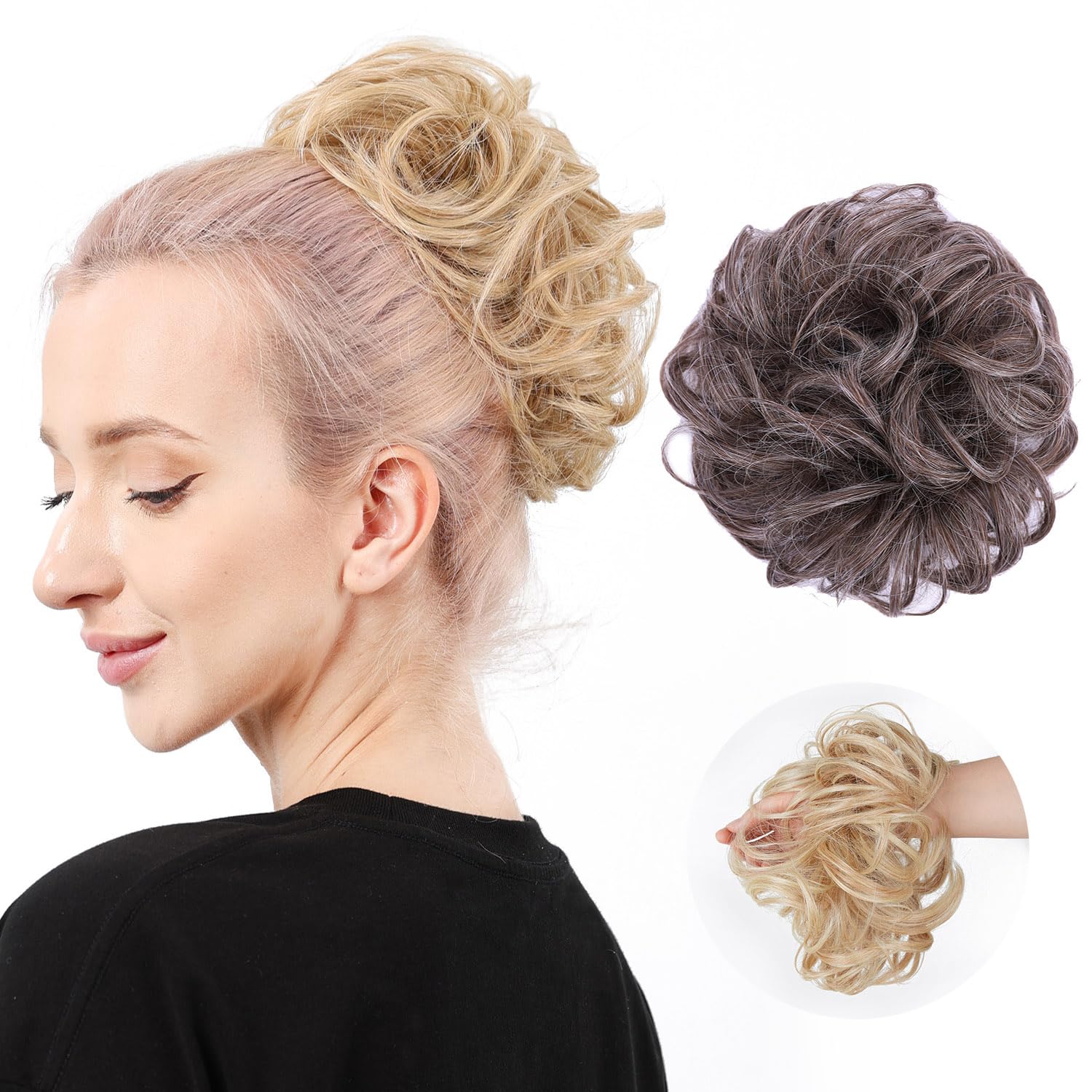 DAYCEN Messy Bun Hairpieces, Thick Tousled Synthetic Wavy Hair Bun, Updo Scrunchies Curly Hair Buns Wrap Around Hair Extensions (Brownish Gray)